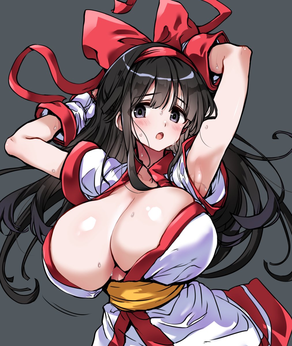 1girls ainu_clothes alternate_breast_size armpit_peek armpits arms_behind_head big_breasts black_hair blush breasts busty cleavage fingerless_gloves gloves hair_ribbon hirowa_nagi huge_breasts king_of_fighters looking_at_viewer nakoruru open_mouth purple_eyes ribbon samurai_shodown sensual sexy_armpits snk solo sweat