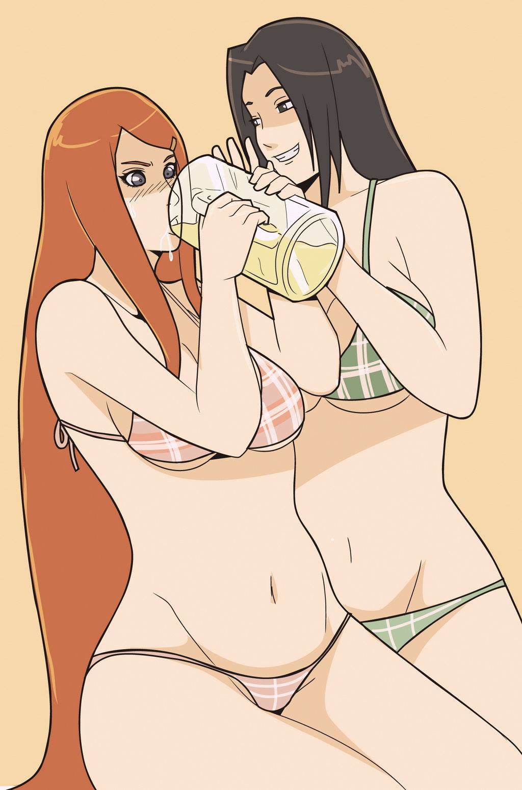 2girls alcohol bare_shoulders beer big_breasts bikini black_eyes black_hair blush breasts cleavage drink female female/female female_only grin indrockz indy_riquez long_hair milf mother multiple_girls naruto naruto_(series) naruto_shippuden purple_eyes red_hair smile smug swimsuit uchiha_mikoto uzumaki_kushina very_long_hair voluptuous yuri