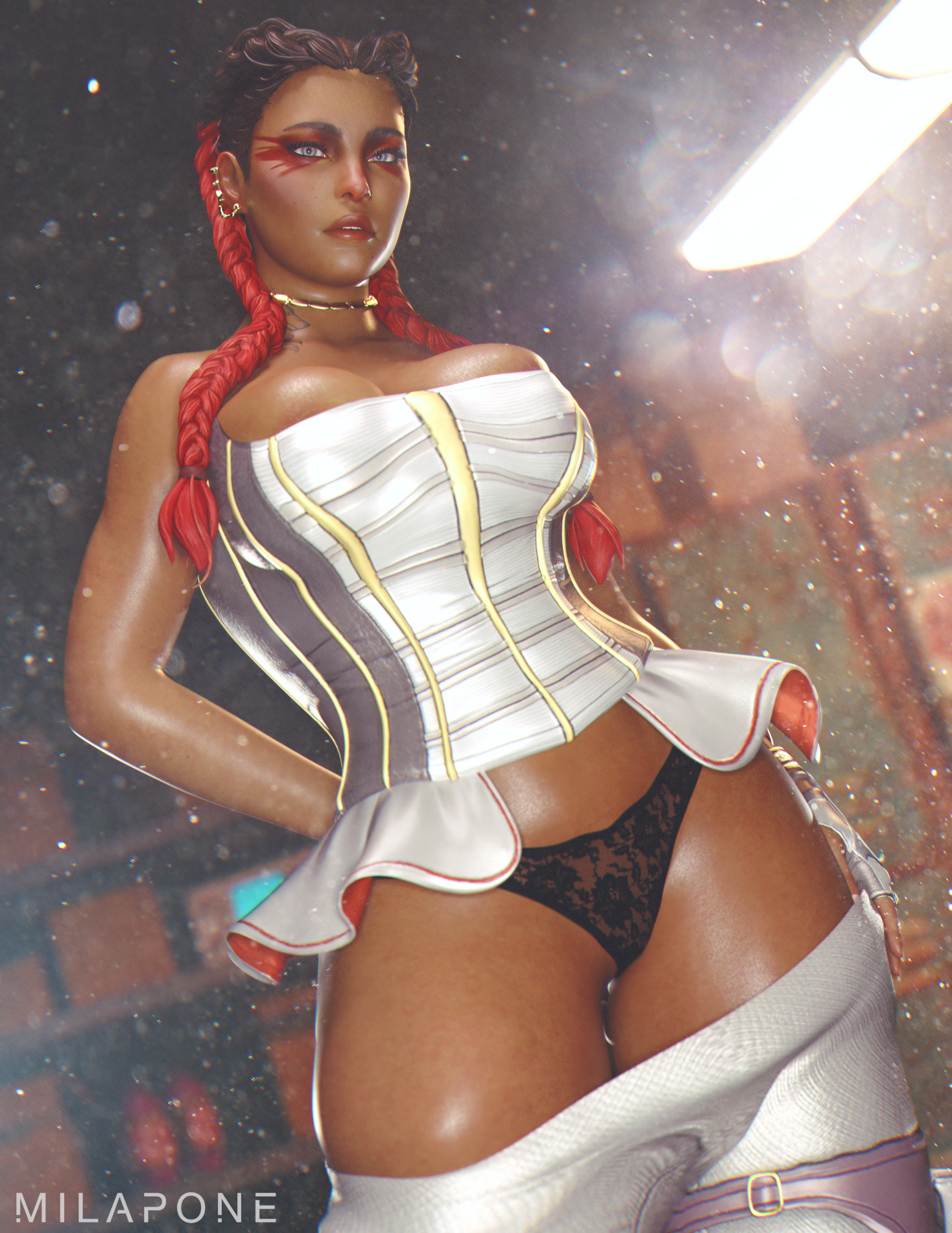 1girls, 3d, abs, absurd res, apex legends, ass, big ass, big breasts, breasts, dark skin, dark-skinned female, female, female only, hi res, large breasts, loba (apex legends), looking at viewer, milapone, panties, respawn entertainment, solo, thick thighs, thighs, wide hips