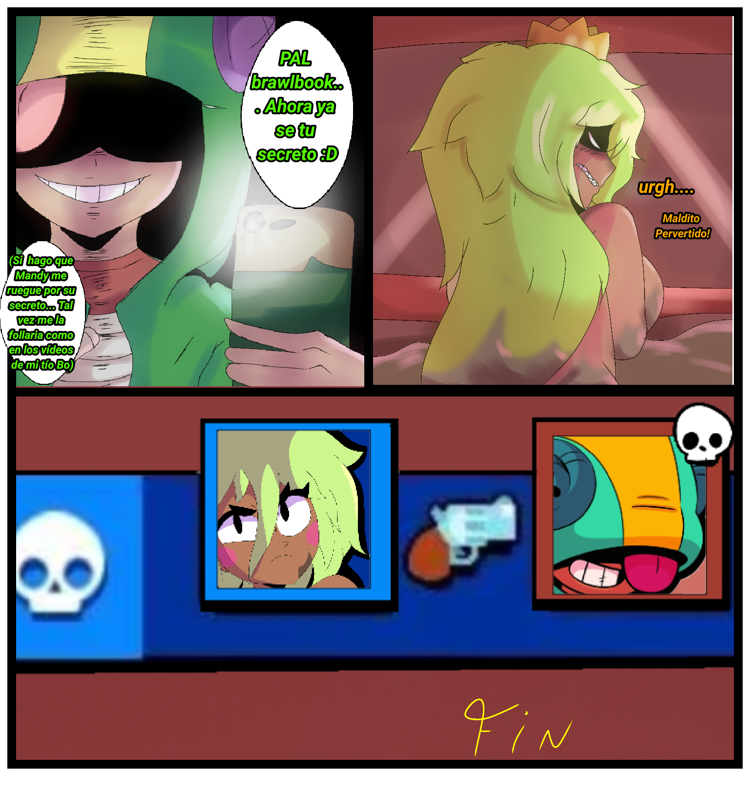 1boy, 1girls, angry, angry face, ass, big ass, brawl stars, breasts, candy, chameleon, chocolate, chocolate on body, chocolate on breasts, comic, comic page, comic panel, death, female, huesosdry, killing, leon (brawl stars), looking at partner, male, mandy (brawl stars), no sex, nude, nude female, phone, spanish text, talking