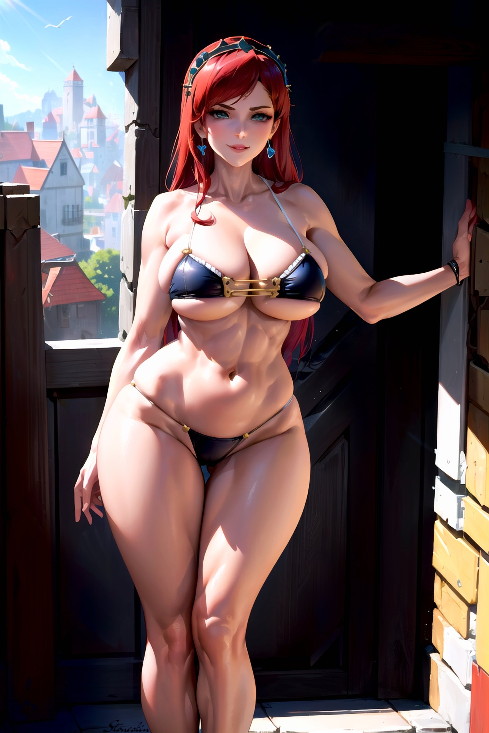 1girls, ai generated, big breasts, bikini, breasts, busty, child bearing hips, cleavage, female, female only, hilda boreas greyrat, large breasts, legs, long hair, looking at viewer, mature, mature female, mushoku tensei, navel, red hair, smile, solo, thick thighs, thighs, toned