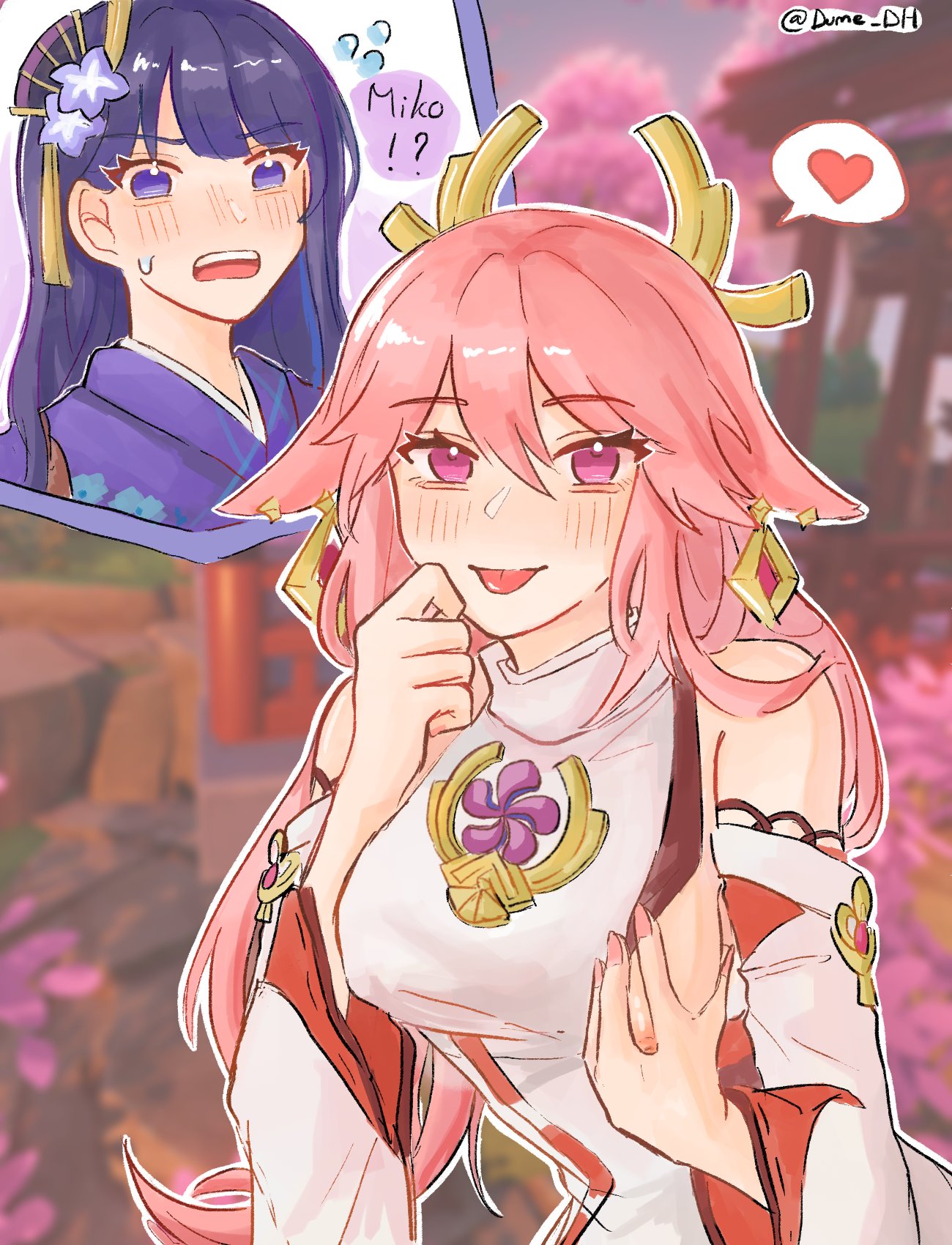 bare shoulders, blush, boobs out, breasts, breasts out, dume dh, female, fingers on nipples, flashing, fox ears, fox girl, genshin impact, nipple out, nipple outside, nipple slip, one breast out, one breast out of clothes, one nipple out, pink hair, purple hair, raiden shogun, tits out, yae miko, yuri