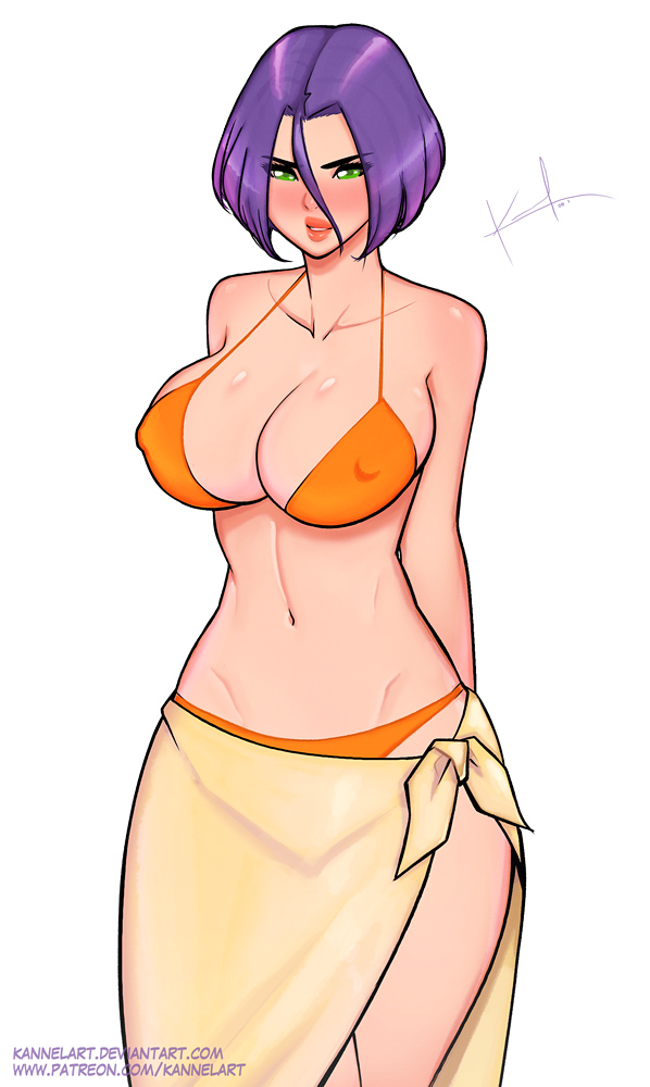 1girls big_breasts bikini blush genderswap genderswap_(mtf) green_eyes james_(pokemon) kannelart large_breasts nintendo orange_bikini pale-skinned_female pale_skin patreon_username pokemon pokemon_rgby purple_hair rule_63 short_hair solo solo_female team_rocket text thick_lips thick_thighs thighs url white_background