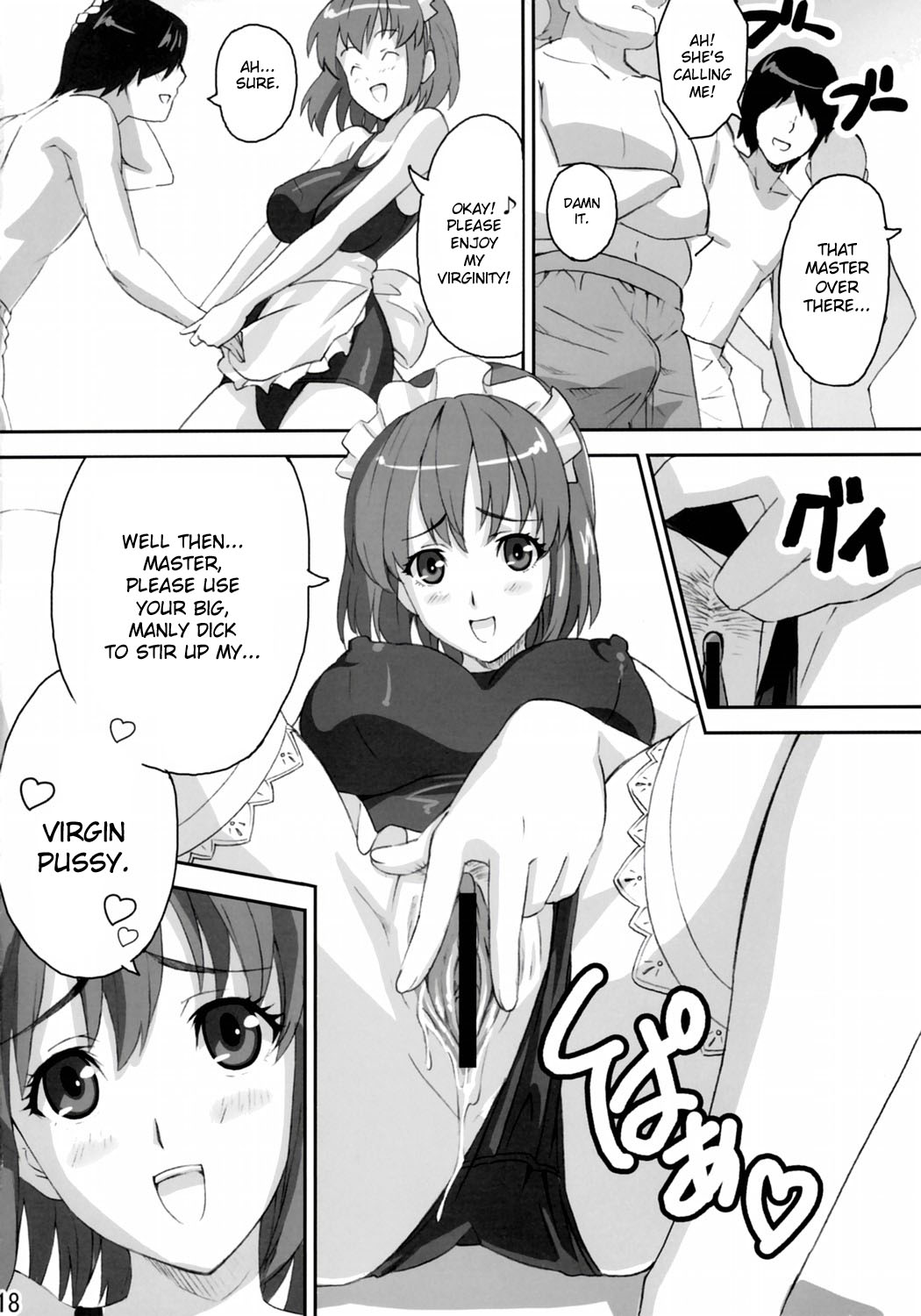 1girls anezaki_mamori breasts censored clothing comic english_text eyeshield_21 female happy hard_translated large_breasts male monochrome multiple_boys one-piece_swimsuit spread_pussy takeda_hiromitsu text virgin