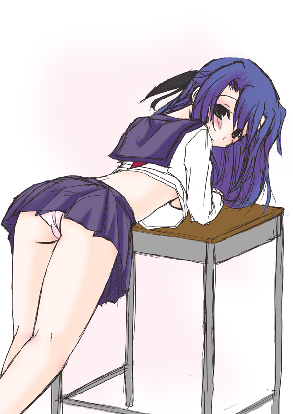 1girls blush breasts desk female frapowa ginga_nakajima green_eyes long_hair lyrical_nanoha mahou_shoujo_lyrical_nanoha mahou_shoujo_lyrical_nanoha_strikers no_bra oppai panchira panties pantyshot purple_hair school_uniform shitapai sketch skirt solo underboob underwear