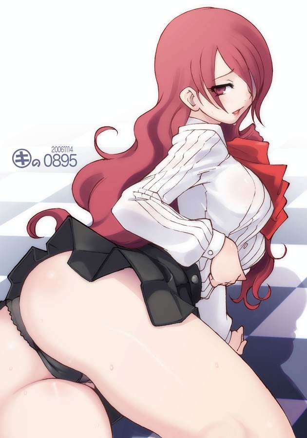 black_panties breasts checkered checkered_floor hair_over_one_eyes kei_jiei large_breasts long_hair looking_back mitsuru_kirijo open_mouth panties persona persona_3 red_eyes red_hair school_uniform shadow skirt sweat thighs thong underwear