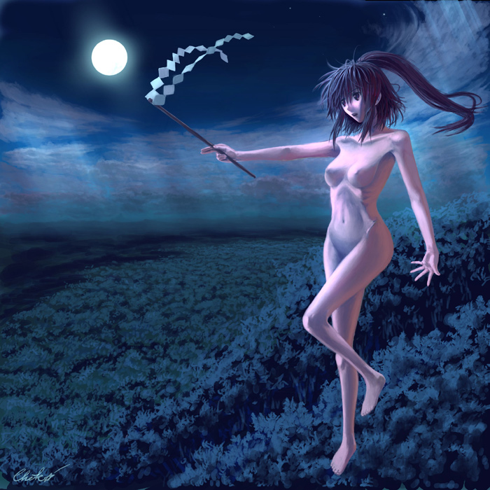 chiki_(botsugo) female female_only gohei human long_hair moon nude ponytail reimu_hakurei solo tied_hair touhou