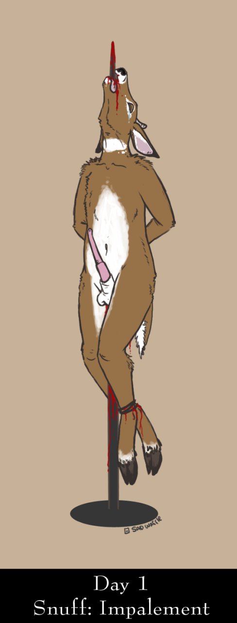 anatomically_correct_penis anthro balls bleeding blood blood_stain bondage bound brown_fur cervine closed_eyes color death deer english_text erection fur furry_ears furry_tail gore hooves horn impalement injury male male_death male_only male_ryona navel nude penis puncture red_blood sadwaffle sheath smooth_fur snuff solo tail tear text white_fur wound