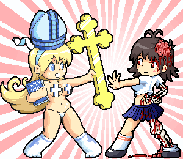 bible bible_chan black_hair blonde_hair blood blood_on_face blue_eyes bone book brain breasts cross gore large_breasts mitre nipple_censor panties paul_robertson pixel_art red_eyes school_uniform straight_hair thong underwear zombie