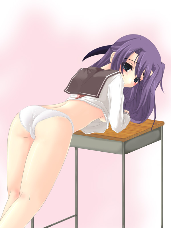 blush breasts desk frapowa ginga_nakajima green_eyes long_hair lyrical_nanoha mahou_shoujo_lyrical_nanoha mahou_shoujo_lyrical_nanoha_strikers no_bra oppai panchira panties pantyshot purple_hair school_uniform shitapai underboob underwear white_panties