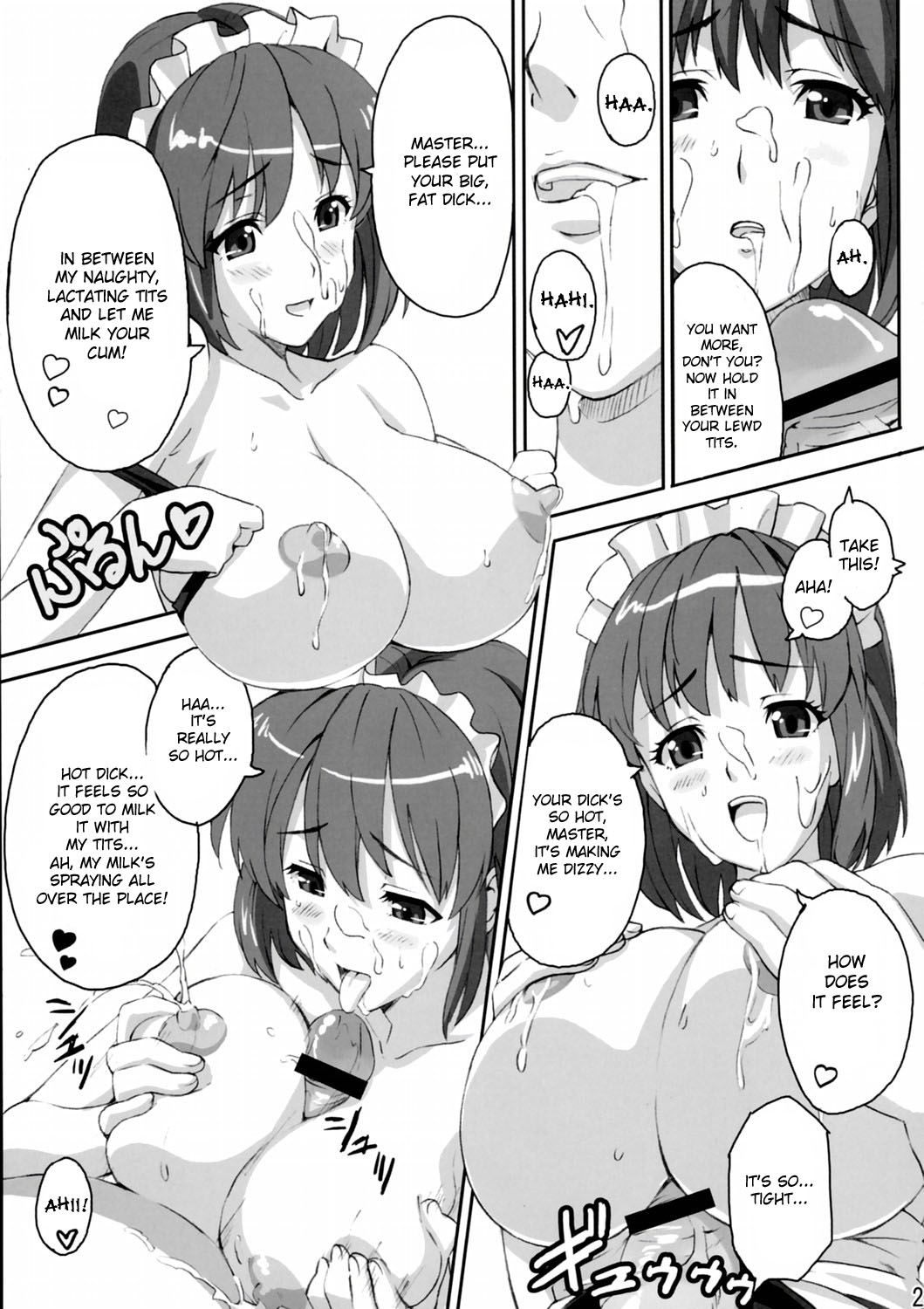 1girls anezaki_mamori black_and_white breasts censored comic english_text eyeshield_21 female hard_translated lactation large_breasts male monochrome paizuri penis straight takeda_hiromitsu text