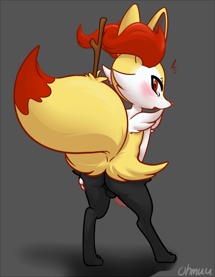 3_toes anthro ass back_view balls barefoot black_fur blush braixen erection femboy fur furry grey_background looking_back male male_only nintendo nude ohmuu open_mouth orange_fur orange_nose penis pink_penis plain_background pokémon_(species) pokemon pokemon_(species) pokemon_xy red_eyes solo standing stick trap video_games white_eyes white_fur yellow_fur