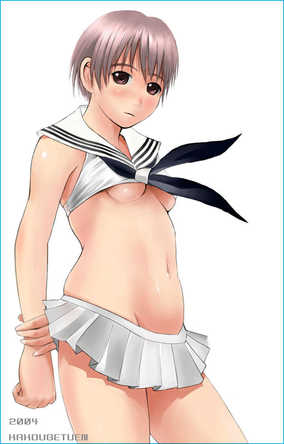 ambiguous_gender belly brown_eyes gray_hair mimura_kaoru navel school_uniform seifuku serafuku shitapai short_hair short_skirt skirt small_breasts standing underboob undersized_clothes very_short_hair white_skirt