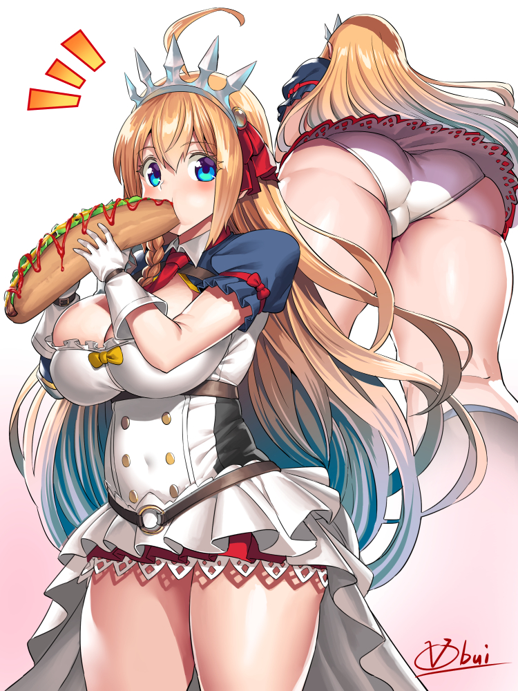 ass, big breasts, breasts, cleavage, female, female only, large breasts, looking at viewer, obui, panties, pecorine, pink background, princess connect!, skirt, solo, upskirt, white background