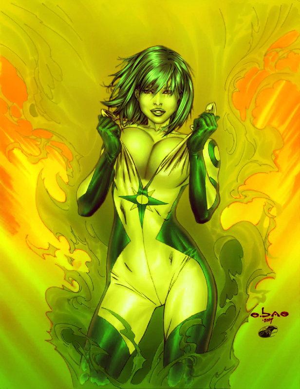 1girls 2009 2d bodysuit breasts cleavage color colored dc dc_comics eric_basaldua female female_only green-skinned_female green_eyes green_hair green_lantern green_lantern_(series) green_lips green_skin jade_(dc) jennifer-lynn_hayden solo superheroine uncensored