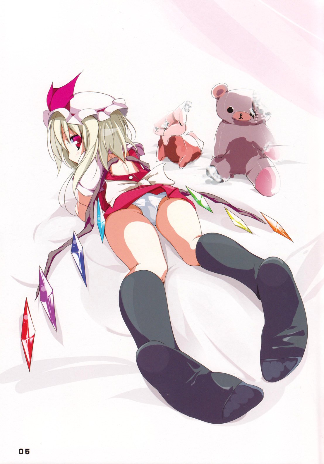 blonde_hair doujinshi feet flandre_scarlet hat highres page_5 page_number panties ponytail pov_feet ribbon short_hair socks solo stuffed_animal stuffed_toy tied_hair touhou underwear usotsukiya wings