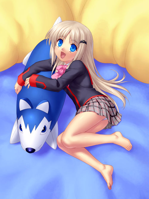 1girls blue_eyes character_name copyright_name cute_fang little_busters! long_hair noumi_kudryavka panties plaid plaid_skirt school_uniform silver_hair skirt underwear