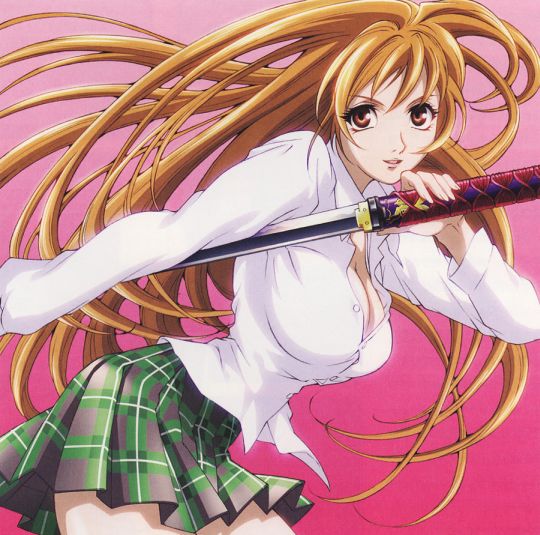 1girls blonde_hair breasts curvaceous curvy dress_shirt duplicate female hair huge_breasts katana large_breasts leaning_forward long_hair natsume_aya open_clothes open_shirt oppai orange_eyes orange_hair plaid pleated_skirt red_hair school_uniform sheath shirt skirt smile solo sword tenjou_tenge unbuttoned very_long_hair weapon white_shirt