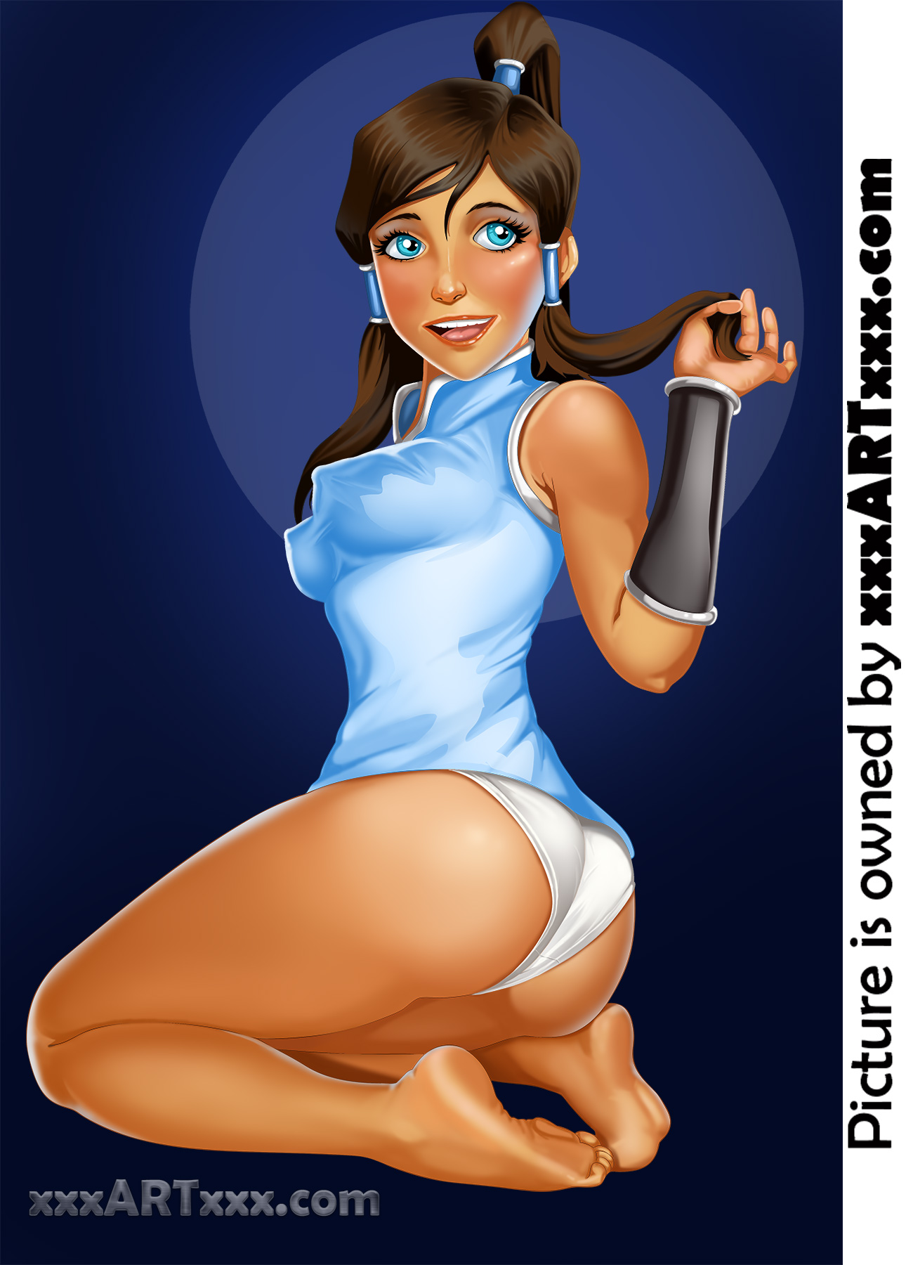1girls, avatar legends, blue eyes, breasts, brown hair, brown skin, clothing, dark skin, dark-skinned female, erect nipples, erect nipples under clothes, female, female only, human, korra, medium breasts, nipples, panties, pinup, rzhevskii, solo, straight hair, the avatar, the legend of korra, water tribe, white panties