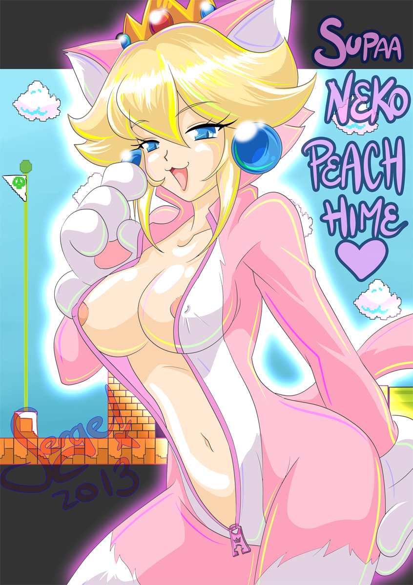 2013 animal_ears beige_skin blonde_hair blue_eyes bodysuit breasts cat_ears cat_peach cat_suit clothes color costume crown female female_only flagpole gloves human looking_at_viewer mario_(series) naughty_face navel nekoiichi nintendo nipples open_clothes open_mouth princess_peach smile solo super_mario_3d_world super_mario_bros. super_mario_bros._(nes) unzipped zipper