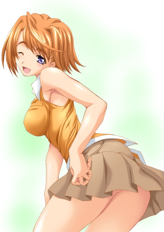 armpits ass clothing leaning_forward my-hime orange_hair purple_eyes school_uniform shiruko short_hair skirt small_breasts smile tokiha_mai wink