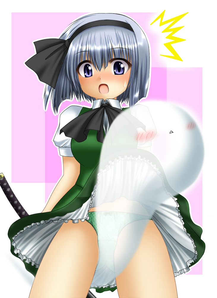 blue_eyes blush chitose_(pixiv) dress_shirt ghost green_panties hairband hitodama kagura_chitose katana myon panties shirt short_hair silver_hair skirt skirt_lift solo sword touhou underwear vest weapon youmu_konpaku youmu_konpaku_(ghost)