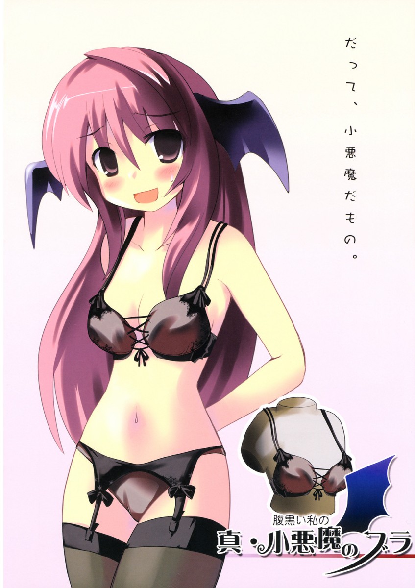 blush bra garter_belt head_wings headwings high_res highres ishikiri koakuma lingerie long_hair morogami_ryou panties pink_eyes pink_hair solo succubus thighhighs touhou underwear