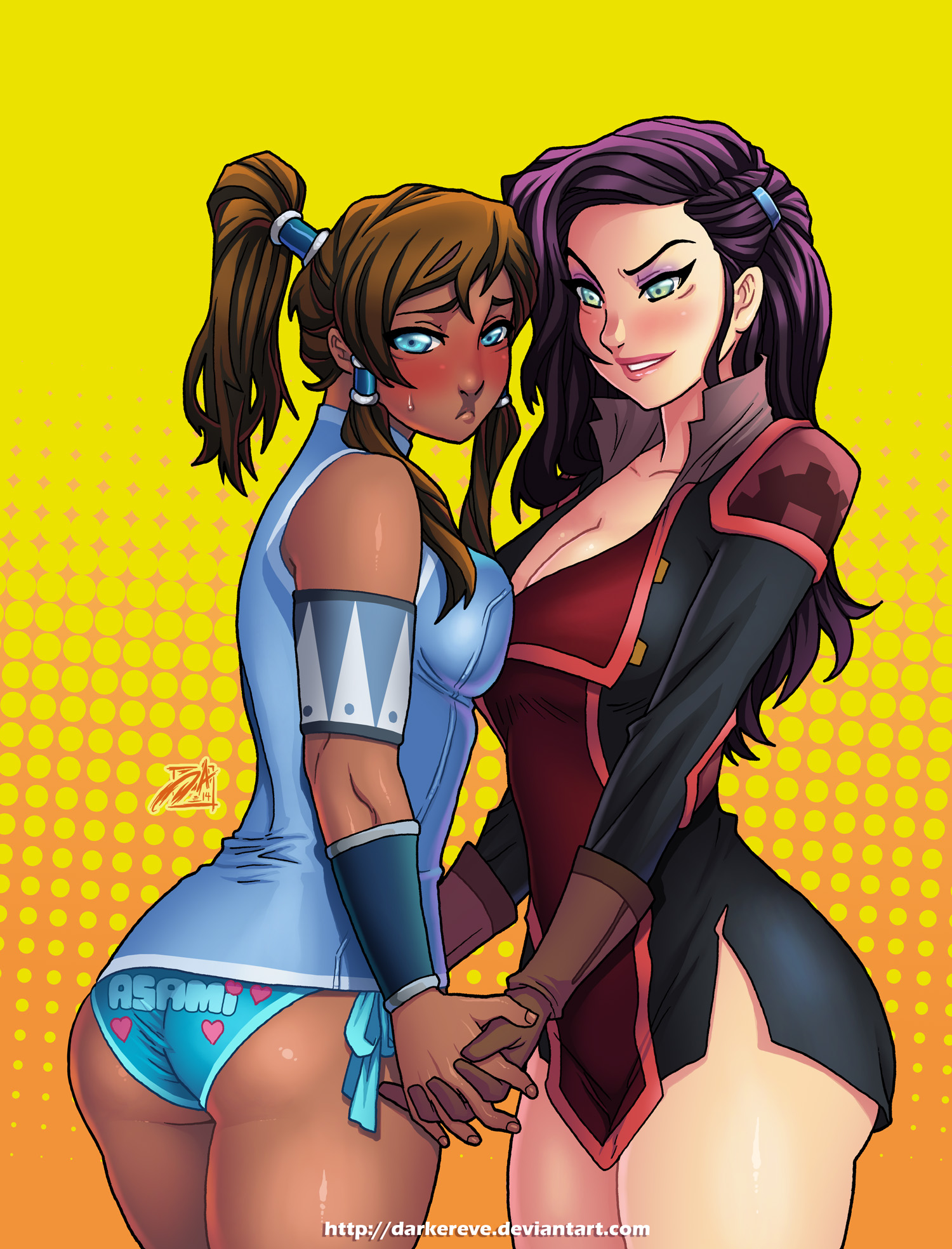 2girls, armband, asami sato, ass, avatar legends, big breasts, blue eyes, blush, breast press, breasts, brown hair, canon couple, chocolate and vanilla, clothing, dark skin, dark-skinned female, darkereve, female, female only, gloves, hairclip, highres, holding hands, human, interracial, interracial yuri, korra, large breasts, lesbian, long hair, multiple females, nickelodeon, panties, ponytail, print panties, purple hair, smooth skin, standing, the avatar, the legend of korra, tied hair, water tribe, wristband, yuri