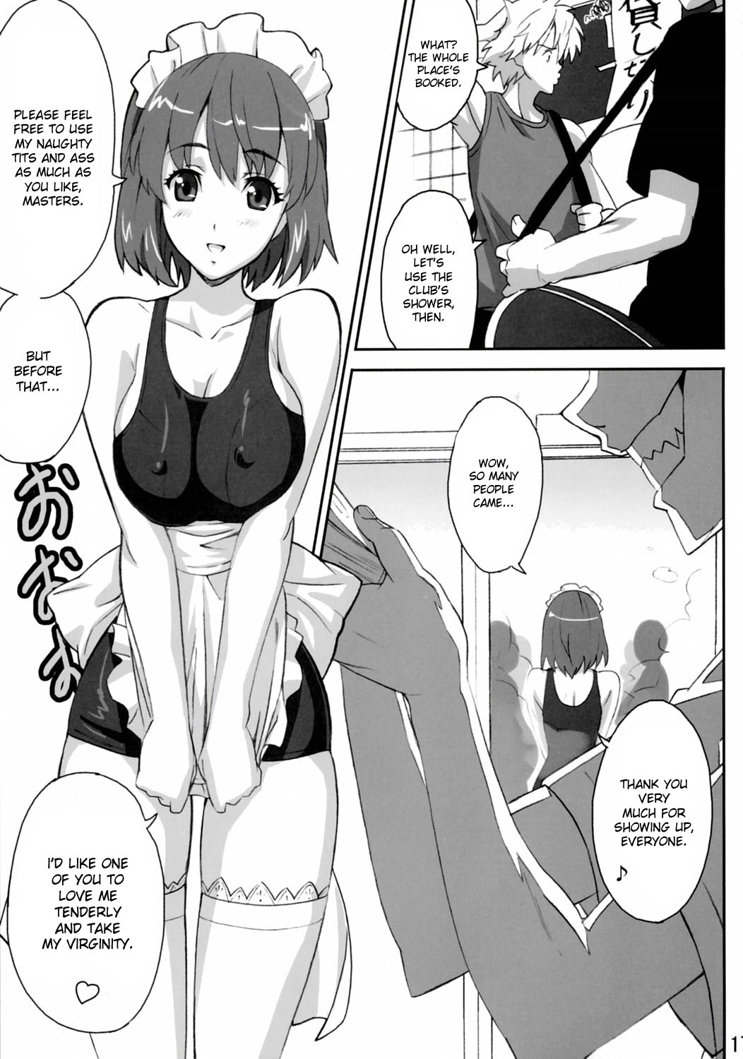 1girls anezaki_mamori clothing comic english_text eyeshield_21 female hard_translated maid_outfit male monochrome multiple_boys one-piece_swimsuit servant servitude slave stockings takeda_hiromitsu text