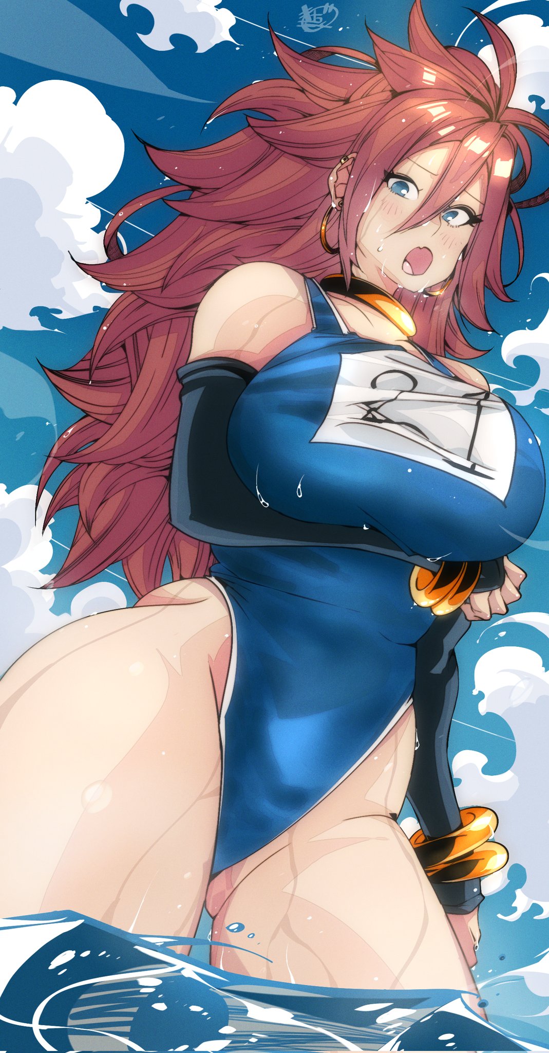 1girl 1girls android android_21 android_21_(human) arc_system_works bandai_namco big_breasts blue_eyes blue_one-piece_swimsuit blush bracelet bracelets brown_hair dragon_ball dragon_ball_fighterz earrings elbow_gloves fanart female flustered gold_jewelry hair_between_eyes hips long_hair looking_at_viewer messy_hair omochi_db one-piece_swimsuit swimsuit thick_thighs voluptuous voluptuous_female vomi_(dragon_ball) wet_body