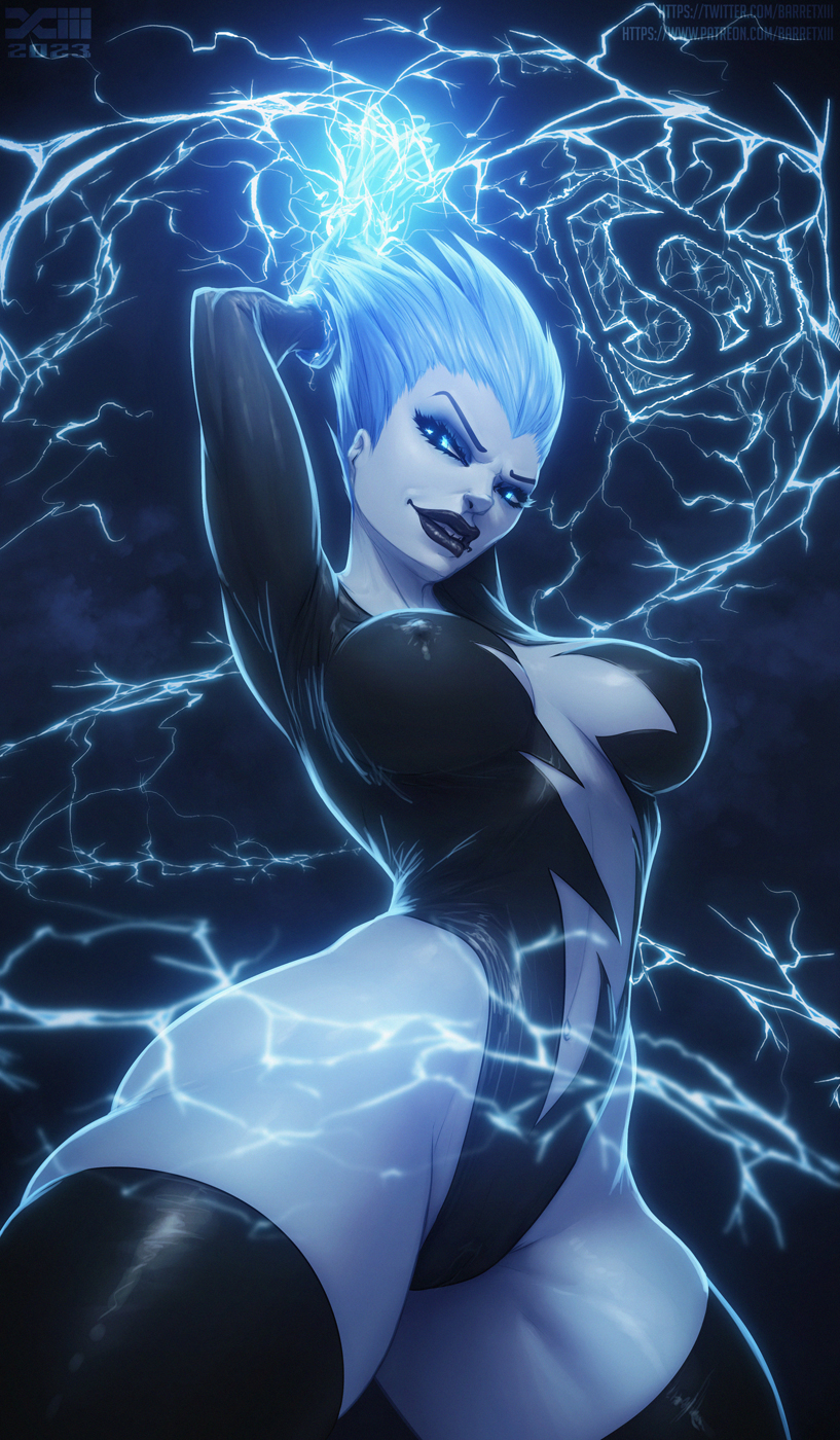 barretxiii blue_eyes dc dc_comics electricity electricity_manipulation glowing_eyes leotard leslie_willis lightning livewire nipples_visible_through_clothing pinup plunging_neckline poking_nipples sparks spiky_hair superman:_the_animated_series supervillain supervillainess thick_thighs