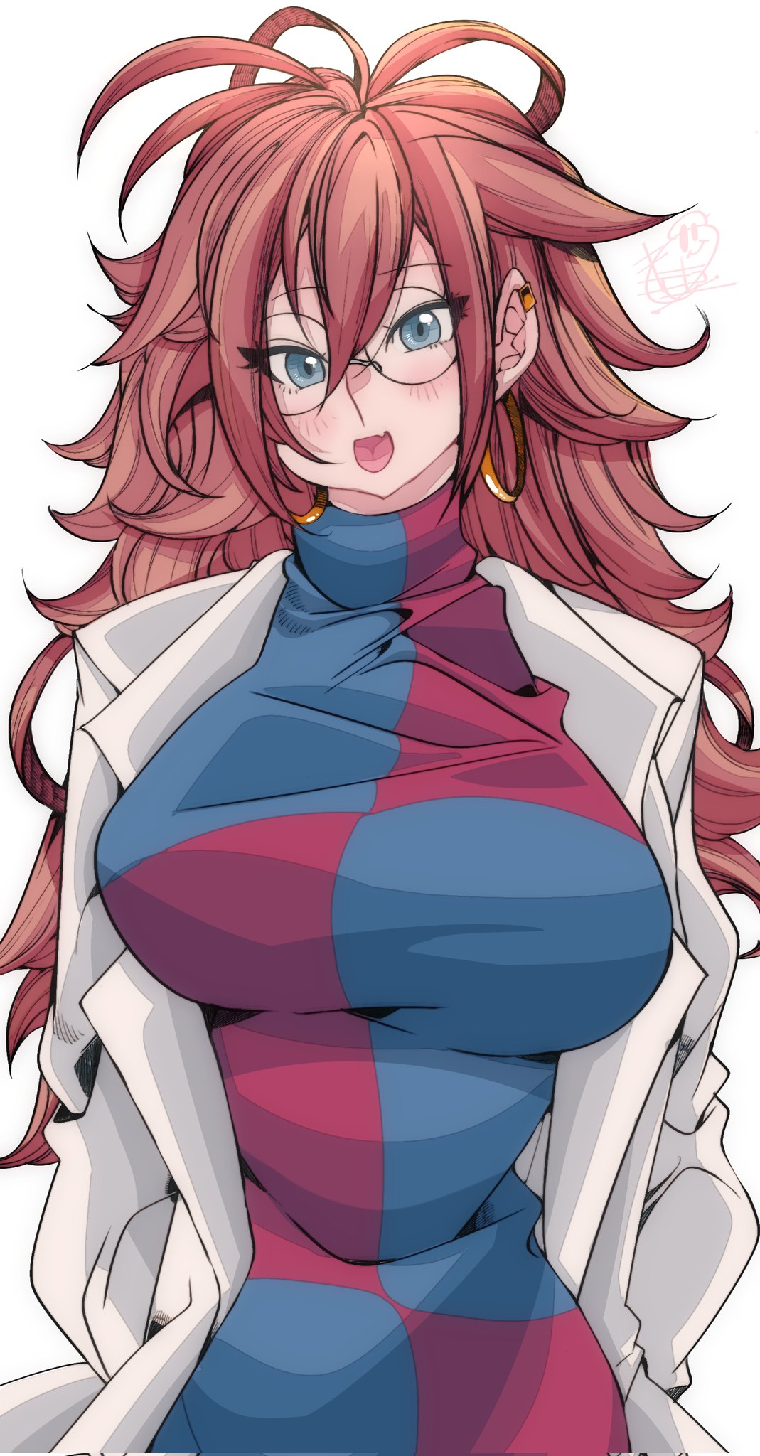 1girls android android_21 android_21_(human) arc_system_works bandai_namco big_breasts blue_eyes blush brown_hair clothed dragon_ball dragon_ball_fighterz ear_piercing earrings fanart female female glasses gold_jewelry labcoat long_hair looking_at_viewer messy_hair omochi_db smile smiling_at_viewer turtle voluptuous voluptuous_female vomi_(dragon_ball)