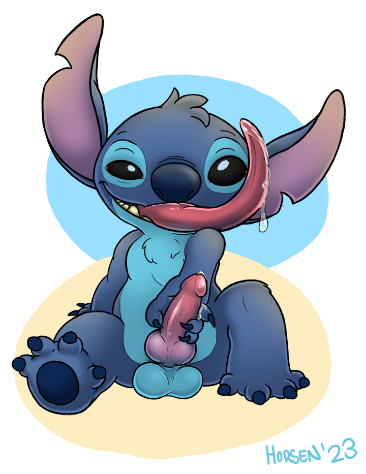 alien anthro bodily_fluids cum disney genital_fluids genitals horsen knot lilo_and_stitch looking_at_viewer male male_only nude penis saliva sitting solo stitch_(lilo_and_stitch) tongue