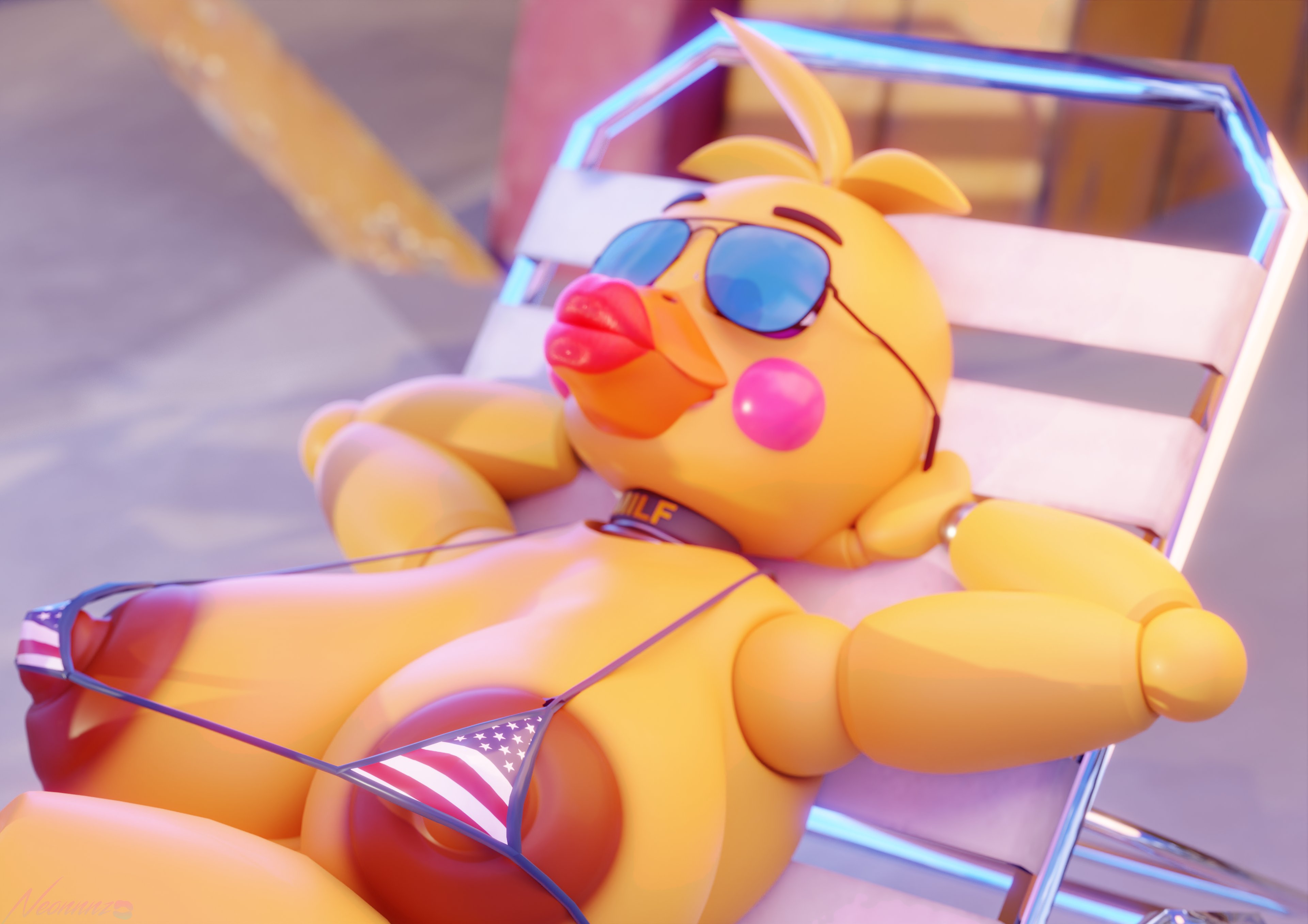 1girls, 3d, 3d (artwork), 4th of july, areolae, big breasts, bikini, breasts, female, female only, five nights at freddy's, five nights at freddy's 2, hi res, huge breasts, large areolae, neonnnzz, nipples, scottgames, solo, sunglasses, swimwear, toy chica (fnaf), yellow body