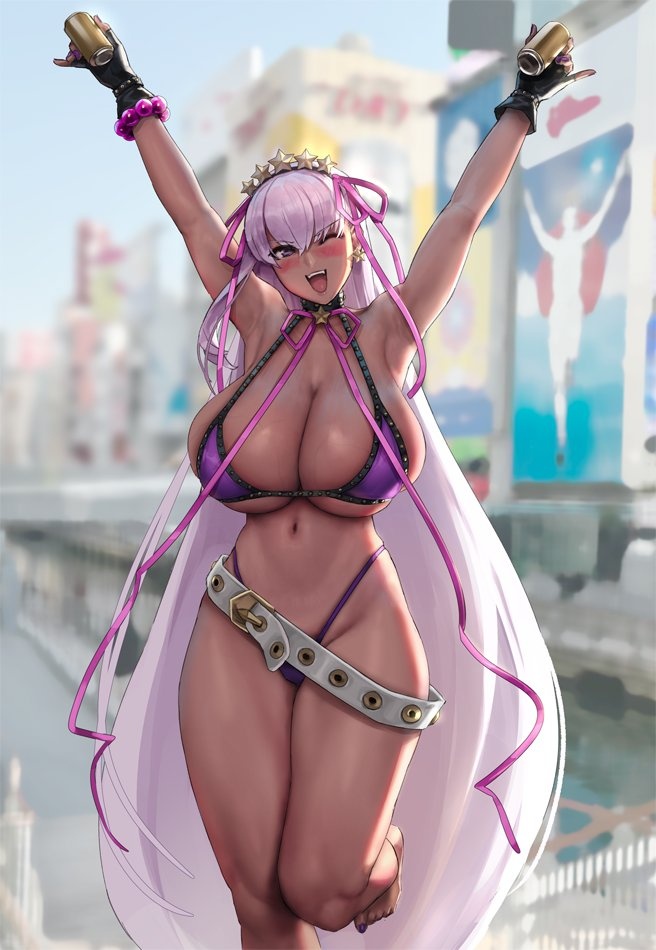 1girls armpits arms_up barefoot bb_(fate) bb_(swimsuit_mooncancer) bikini breasts cleavage eu03 fate/grand_order fate_(series) feet female hips huge_breasts long_hair naughty_face outdoors purple_hair solo standing_on_one_leg tan tan-skinned_female tanned_skin thick_thighs thighs wide_hips