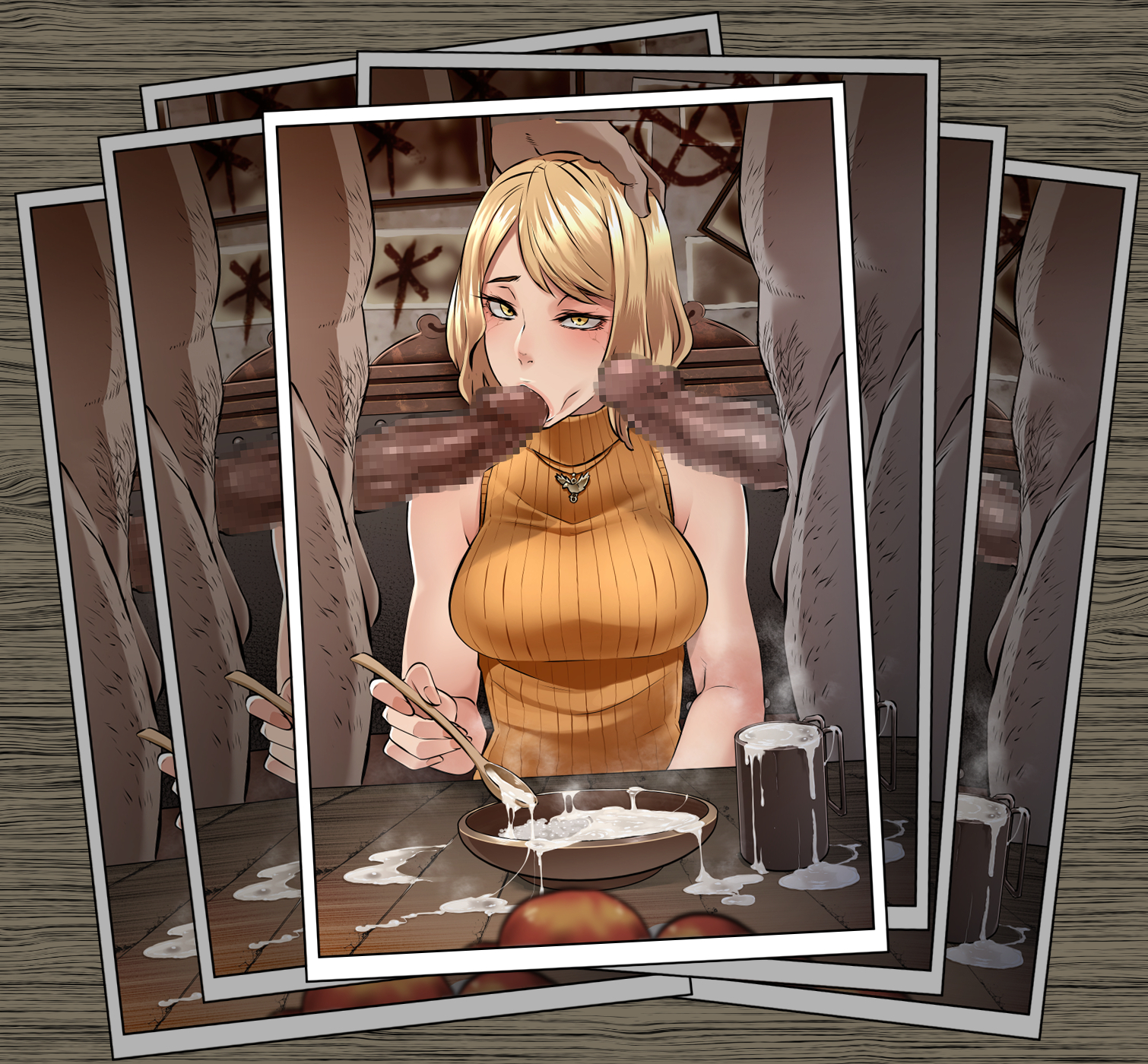 1girls, 2boys, ashley graham, ashley graham (ella freya), blonde hair, breasts, butcha-u, censored, censored penis, cum, cum in container, cum in cup, cum on food, female, female focus, imminent fellatio, imminent oral, light skin, light-skinned female, male, male/female, medium breasts, medium penis, mosaic censoring, pale skin, pale-skinned female, penis, picture, picture frame, resident evil, resident evil 4, resident evil 4 remake, short hair, solo focus