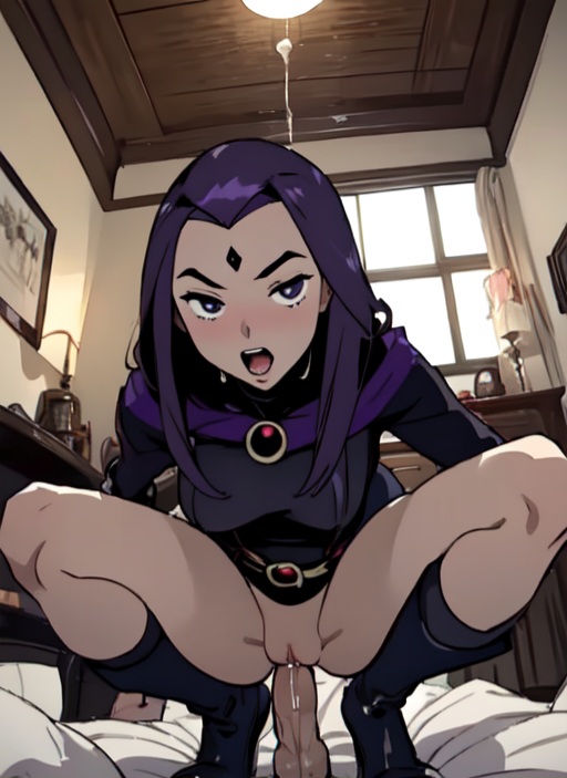 ai generated, aigeneratedp, cowgirl position, dc, dc comics, female, grey skin, looking at viewer, male, male pov, penis, rachel roth, raven (dc), riding, riding penis, sex, squatting, squatting cowgirl position, squatting on penis, teen titans