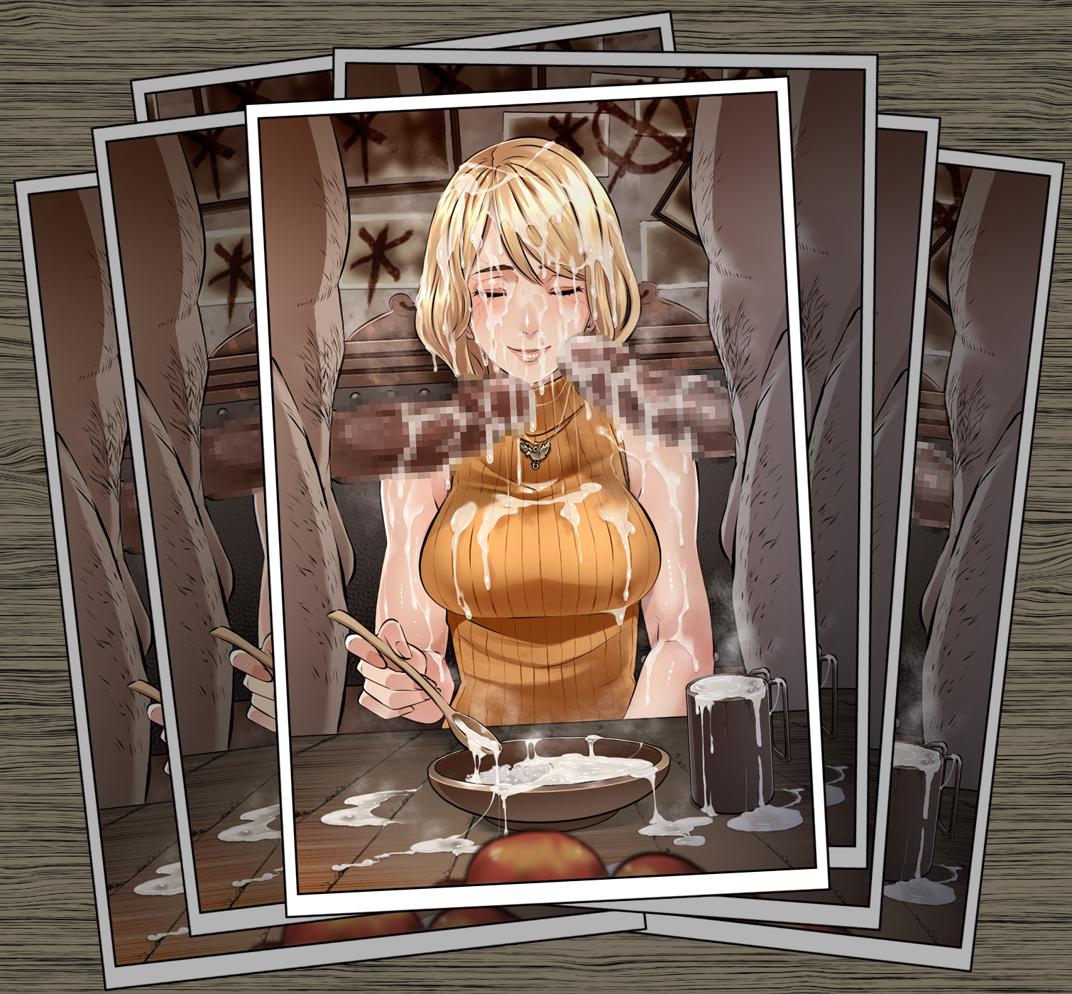 1girls, 2boys, ashley graham, ashley graham (ella freya), blonde hair, breasts, butcha-u, censored, censored penis, cum, cum in container, cum in cup, cum on body, cum on breasts, cum on face, cum on food, female, female focus, light skin, light-skinned female, male, male/female, medium breasts, medium penis, mosaic censoring, pale skin, pale-skinned female, penis, picture, picture frame, resident evil, resident evil 4, resident evil 4 remake, short hair, solo focus