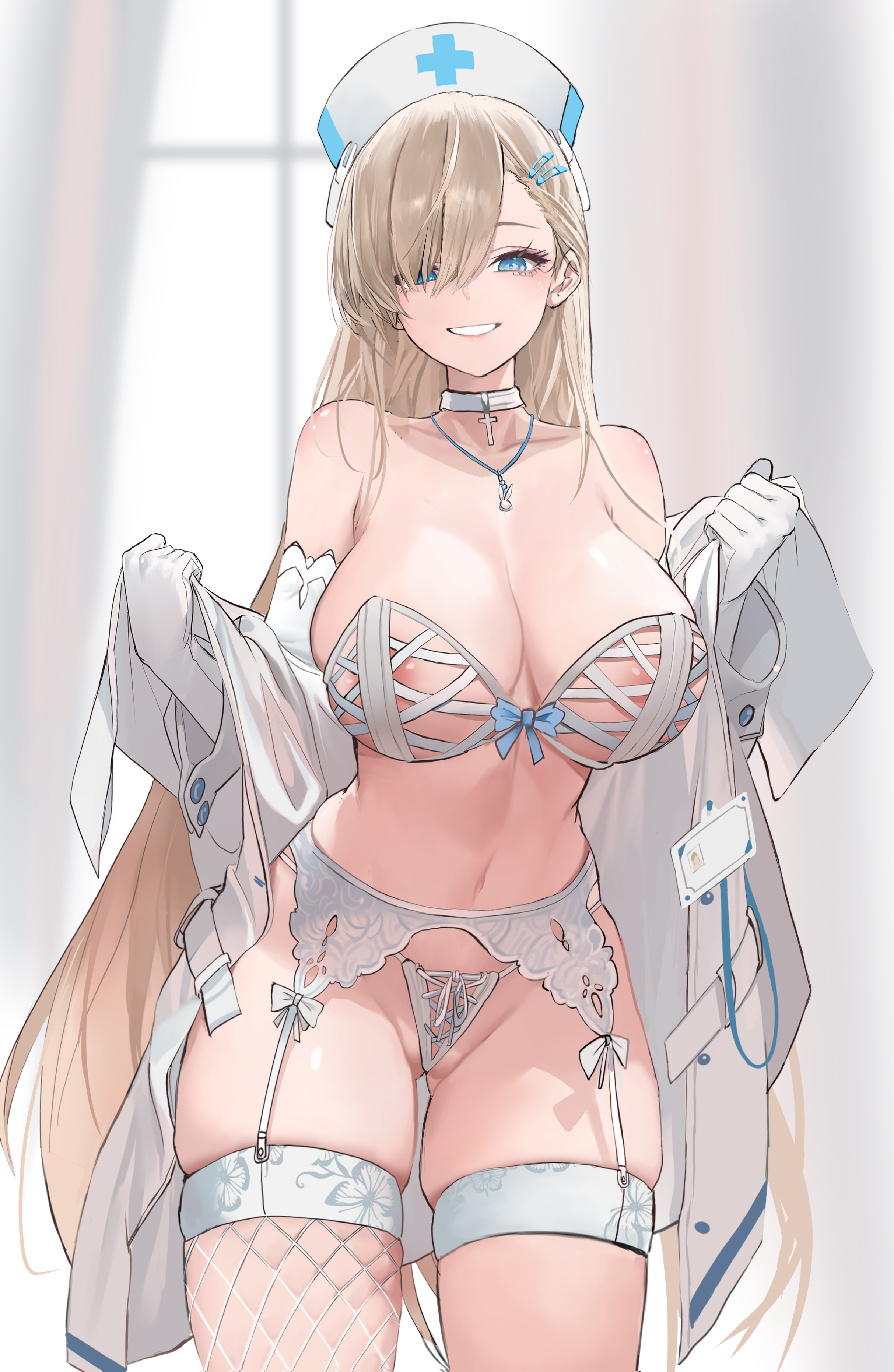 1girls, asuna (blue archive), blonde hair, blue archive, blue eyes, bra, breasts, cleaning & clearing (blue archive), dishwasher1910, female, hair over one eye, hi res, huge breasts, light skin, light-skinned female, lingerie, long hair, millennium science school student, nurse, nurse cap, panties, skindentation, thick thighs, thighhighs