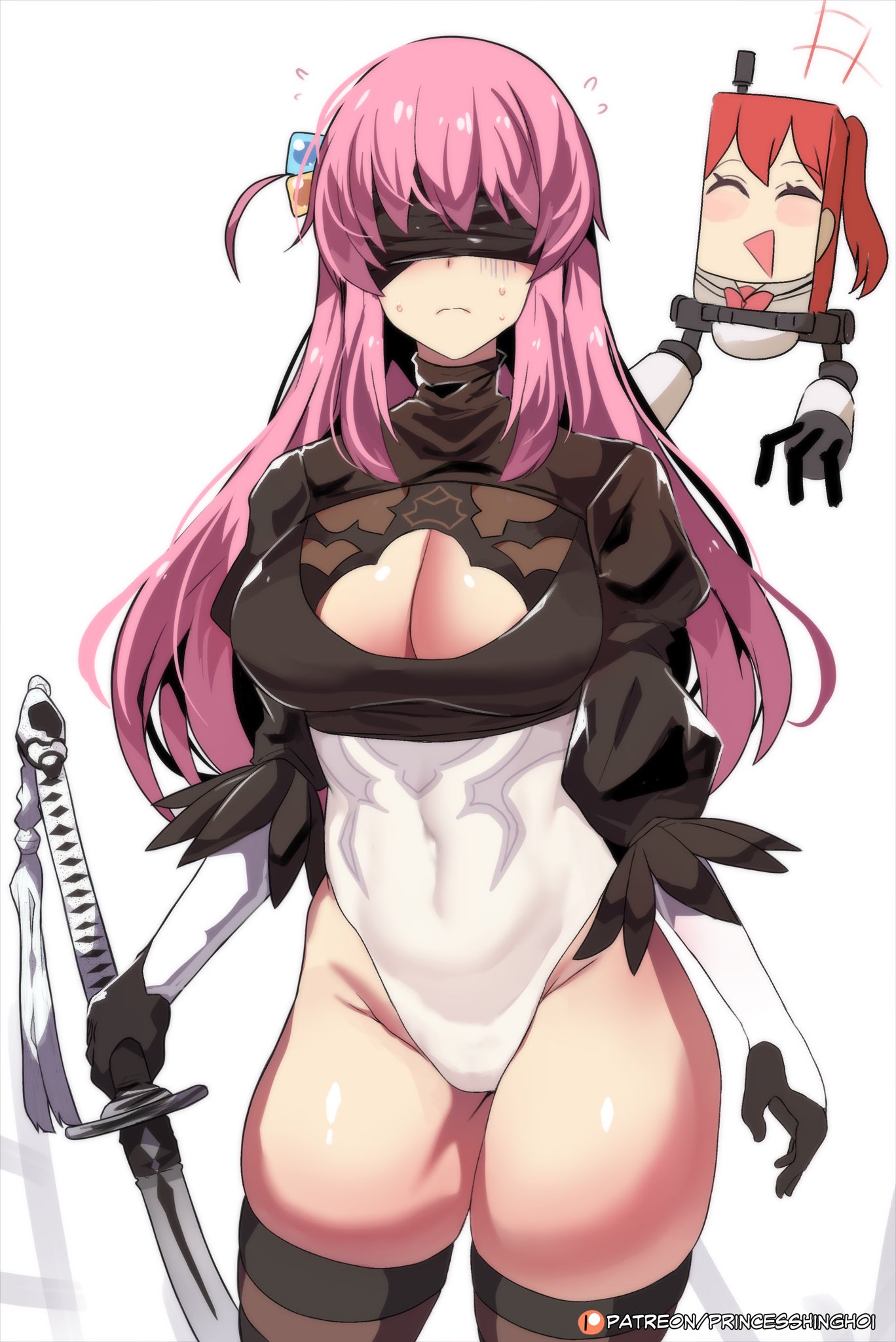 2girls, blindfold, blush, bocchi the rock!, boob window, breasts, cleavage, closed mouth, cosplay, covered eyes, embarrassed, female, gotou hitori, hinghoi, katana, kita ikuyo, large breasts, laughing, leotard, multiple females, multiple girls, nier: automata, patreon username, princesshinghoi, sword, thick thighs, thighhighs, wide hips, yorha 2b (cosplay)