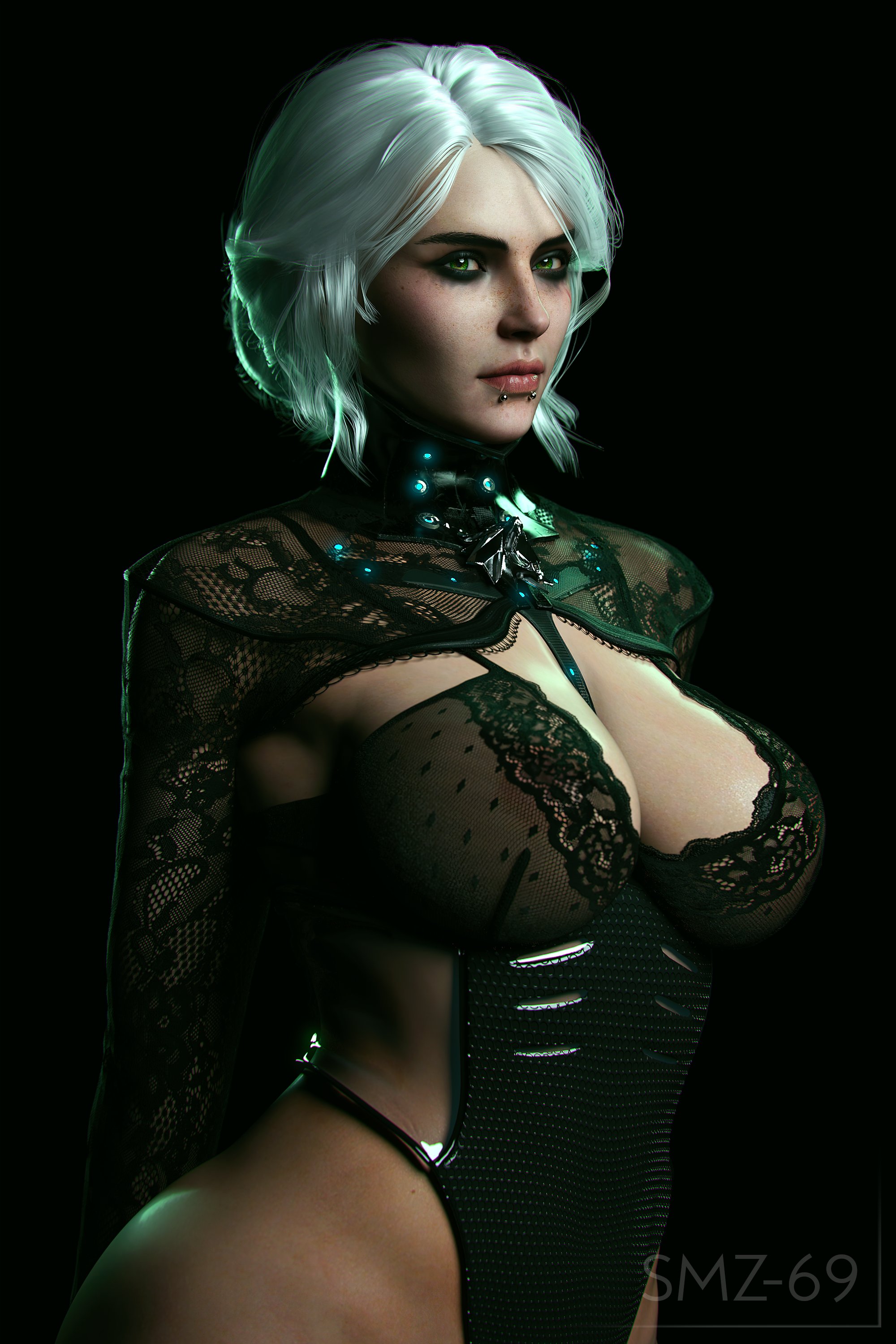 1girls, 3d, absurd res, athletic, athletic female, big breasts, breasts, cd projekt red, ciri, cleavage, closed eyes, eyeshadow, female, female only, green eyes, hi res, human, lip piercing, smz-69, solo, the witcher (series), the witcher 3: wild hunt, thighs, white hair, wide hips
