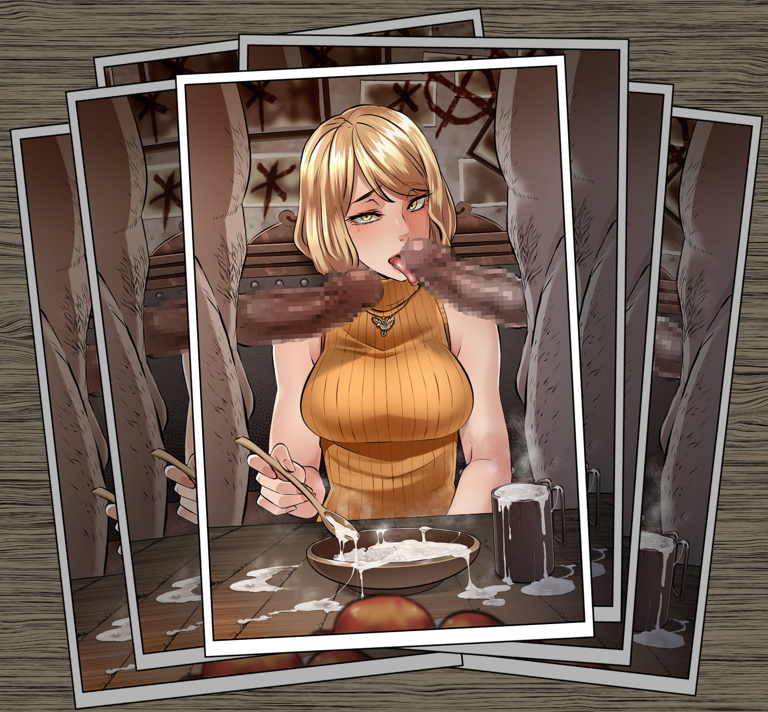 1girls, 2boys, ashley graham, ashley graham (ella freya), blonde hair, breasts, butcha-u, censored, censored penis, cum, cum in container, cum in cup, cum on food, female, female focus, light skin, light-skinned female, male, male/female, medium breasts, medium penis, mosaic censoring, pale skin, pale-skinned female, penis, picture, picture frame, resident evil, resident evil 4, resident evil 4 remake, short hair, solo focus