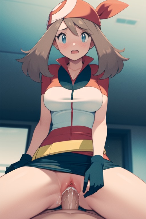1boy, 1girls, ai generated, bandana, belt, blue eyes, blush, breasts, brown hair, clothed sex, cowgirl position, cum, cum in pussy, cum inside, eye contact, female, game freak, gloves, indoors, jacket, looking at viewer, male, male penetrating female, male pov, may (pokemon), nintendo, on top, open mouth, penis, pixai, pokemon, pussy, riding penis, round breasts, skirt, straddling, uncensored, vaginal sex, wekilled god, wide eyed