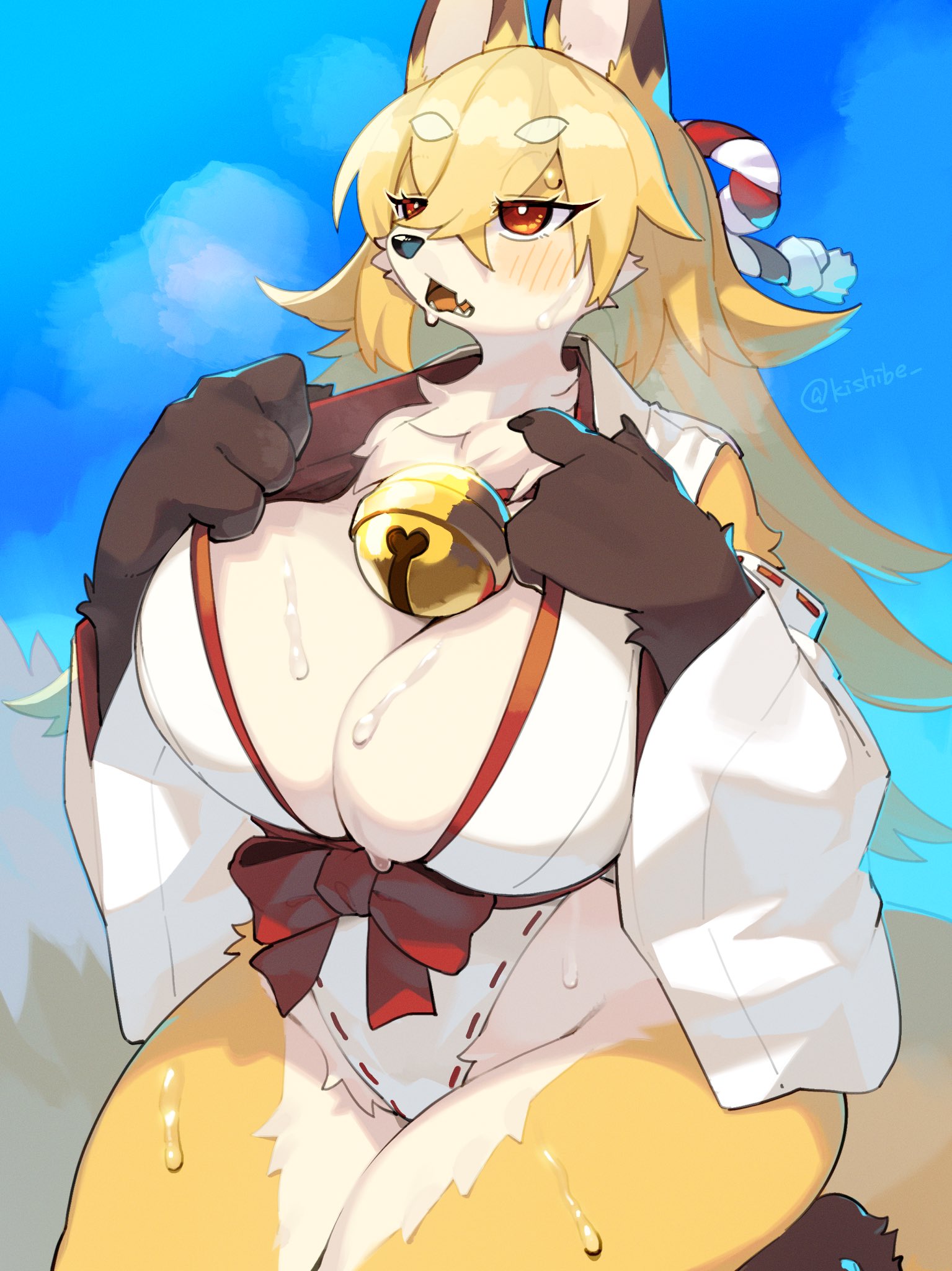 anthro, bell, bell collar, big breasts, blush, breasts, canine, countershading, drooling, female, fox, furry, hi res, humanoid, japanese clothes, kame 3, kimono, kneeling, long hair, open shirt, orange eyes, sweat, sweatdrop, sweating, sweaty breasts, thick thighs, wide hips, yellow fur, yellow hair