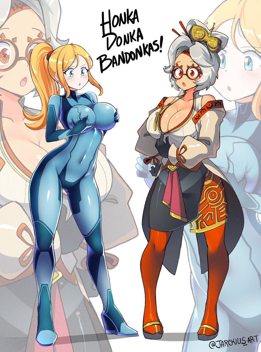 2girls blonde_hair bodysuit breasts clothes crossover female female_only jarckius metroid nintendo open_mouth purah purah_(tears_of_the_kingdom) samus_aran tears_of_the_kingdom the_legend_of_zelda the_legend_of_zelda:_tears_of_the_kingdom white_hair zero_suit zero_suit_samus