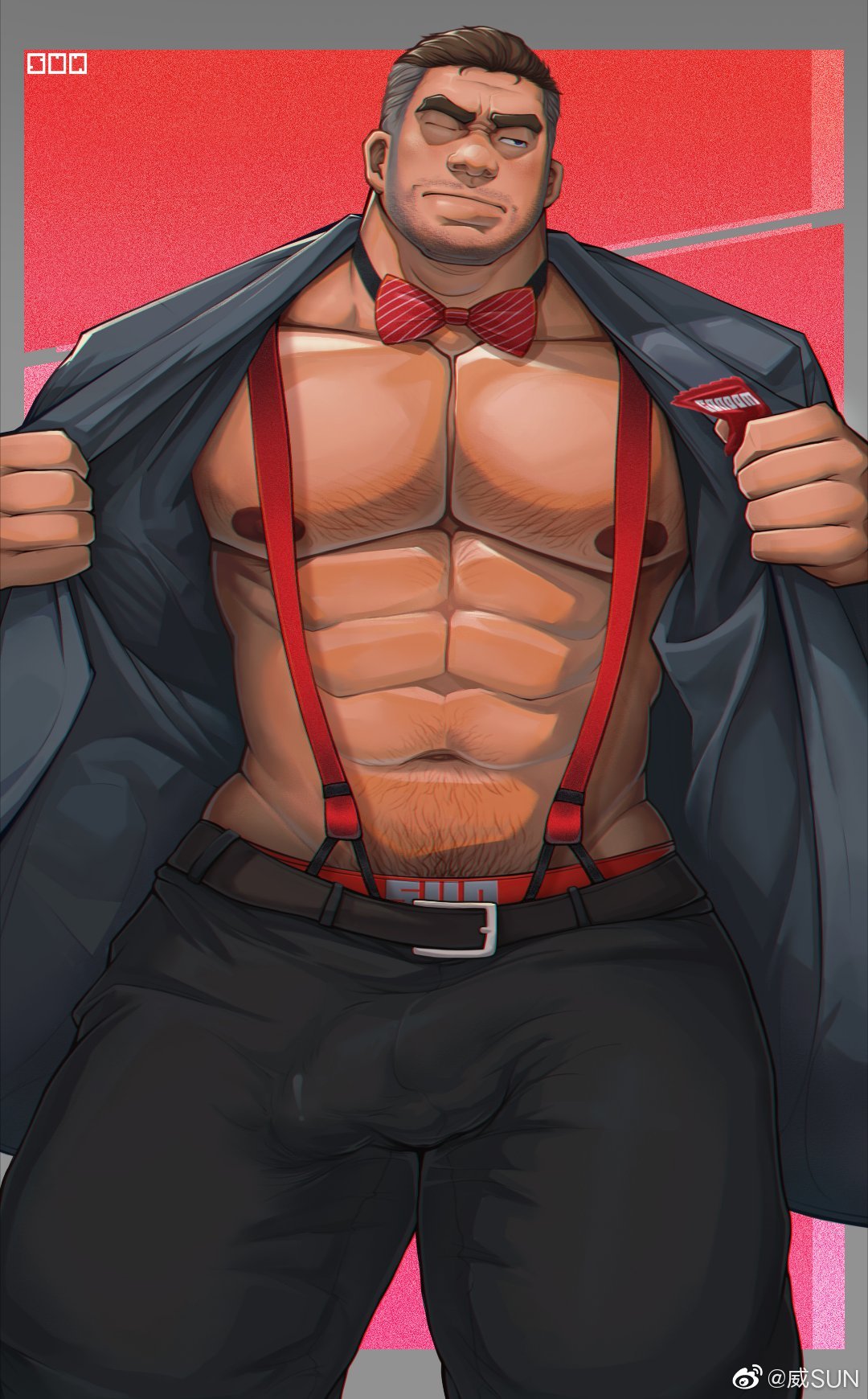 1boy abs averting_eyes bara bare_pectorals beard_stubble bow bowtie bulge covered_penis dark-skinned_male dark_skin erection erection_under_clothes feet_out_of_frame groin highres jacket large_areolae large_pectorals leoooliooon male_focus male_underwear male_underwear_peek mature_male muscular muscular_male mustache_stubble navel navel_hair nipples no_shirt open_clothes open_jacket original pectorals precum precum_through_clothes red_bow red_bowtie short_hair shy solo sparse_chest_hair stomach strongman_waist suit_jacket superman_exposure thick_eyebrows thick_thighs thighs underwear