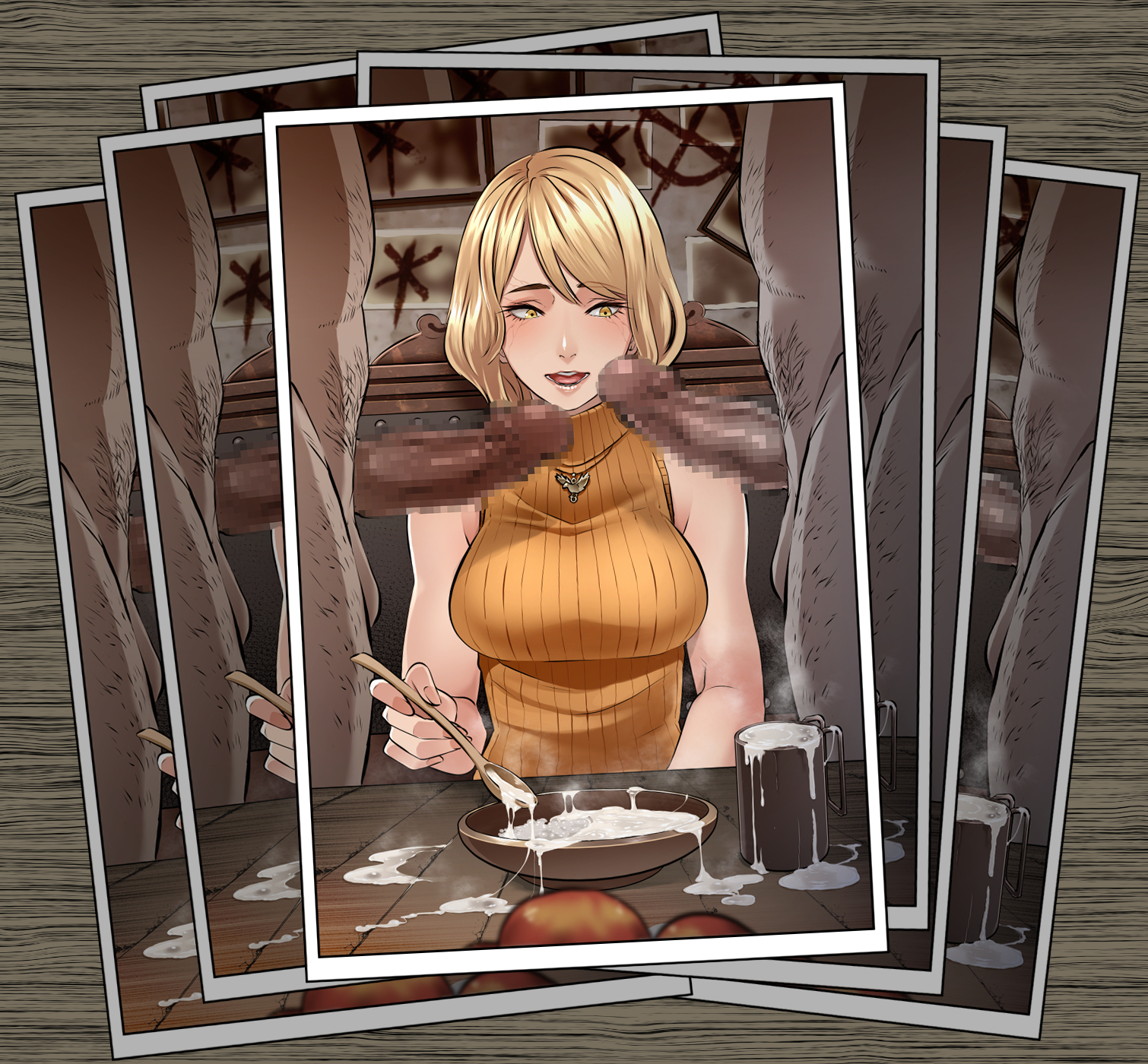 1girls, 2boys, ashley graham, ashley graham (ella freya), blonde hair, breasts, butcha-u, censored, censored penis, cum, cum in container, cum in cup, cum on food, female, female focus, imminent fellatio, imminent oral, light skin, light-skinned female, male, male/female, medium breasts, medium penis, mosaic censoring, pale skin, pale-skinned female, penis, picture, picture frame, resident evil, resident evil 4, resident evil 4 remake, short hair, solo focus