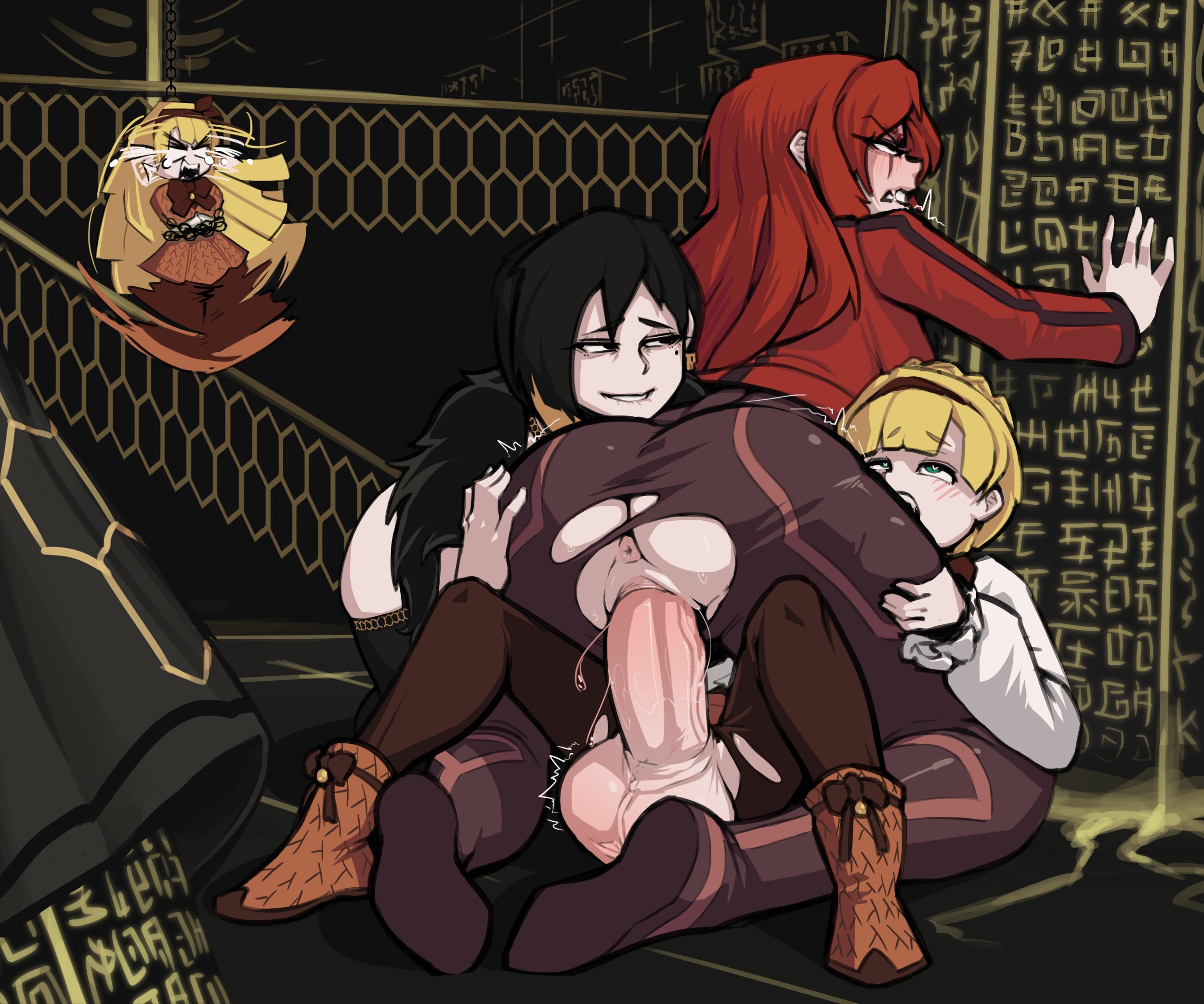 1boy, 3girls, angry, ass, balls, big ass, big penis, binah, blush, boxman, cameltoe, captured, catsuit, cowgirl position, dialogue, dubious consent, embarrassed, female, foreskin, fully retracted foreskin, gebura (lobotomy corporation), hi res, high resolution, highres, huge balls, huge cock, large penis, lobotomy corporation, male, mature, mature female, older female, penis, precum, precum drip, project moon, pussy, red hair, retracted foreskin, reverse rape, sex, small but hung, textless, textless version, tied up, tiphereth (lobotomy corporation), torn clothes, torn clothing, torn legwear, uncircumcised, uncut, vagina, vaginal penetration, vaginal sex, view facing male, younger male