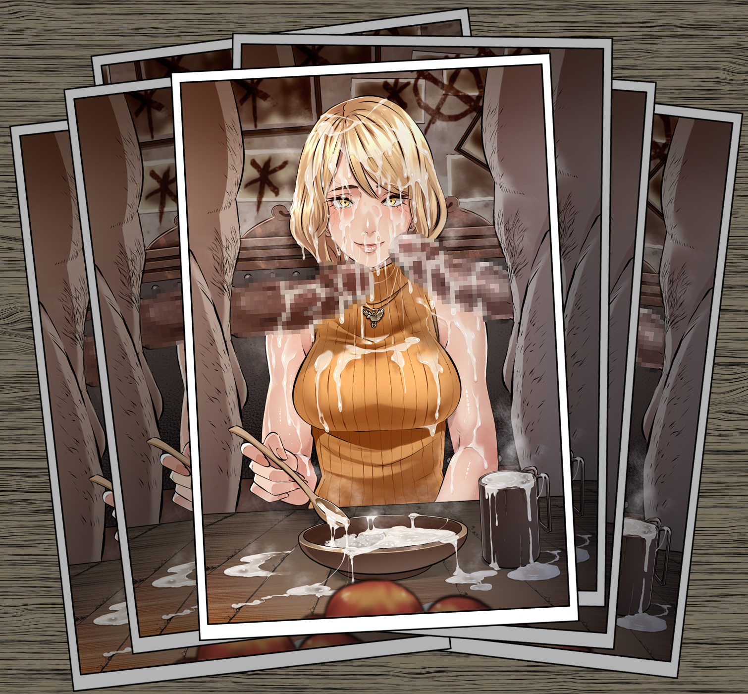 1girls, 2boys, ashley graham, ashley graham (ella freya), blonde hair, breasts, butcha-u, censored, censored penis, cum, cum in container, cum in cup, cum on food, female, female focus, light skin, light-skinned female, male, male/female, medium breasts, medium penis, mosaic censoring, pale skin, pale-skinned female, penis, picture, picture frame, resident evil, resident evil 4, resident evil 4 remake, short hair, solo focus