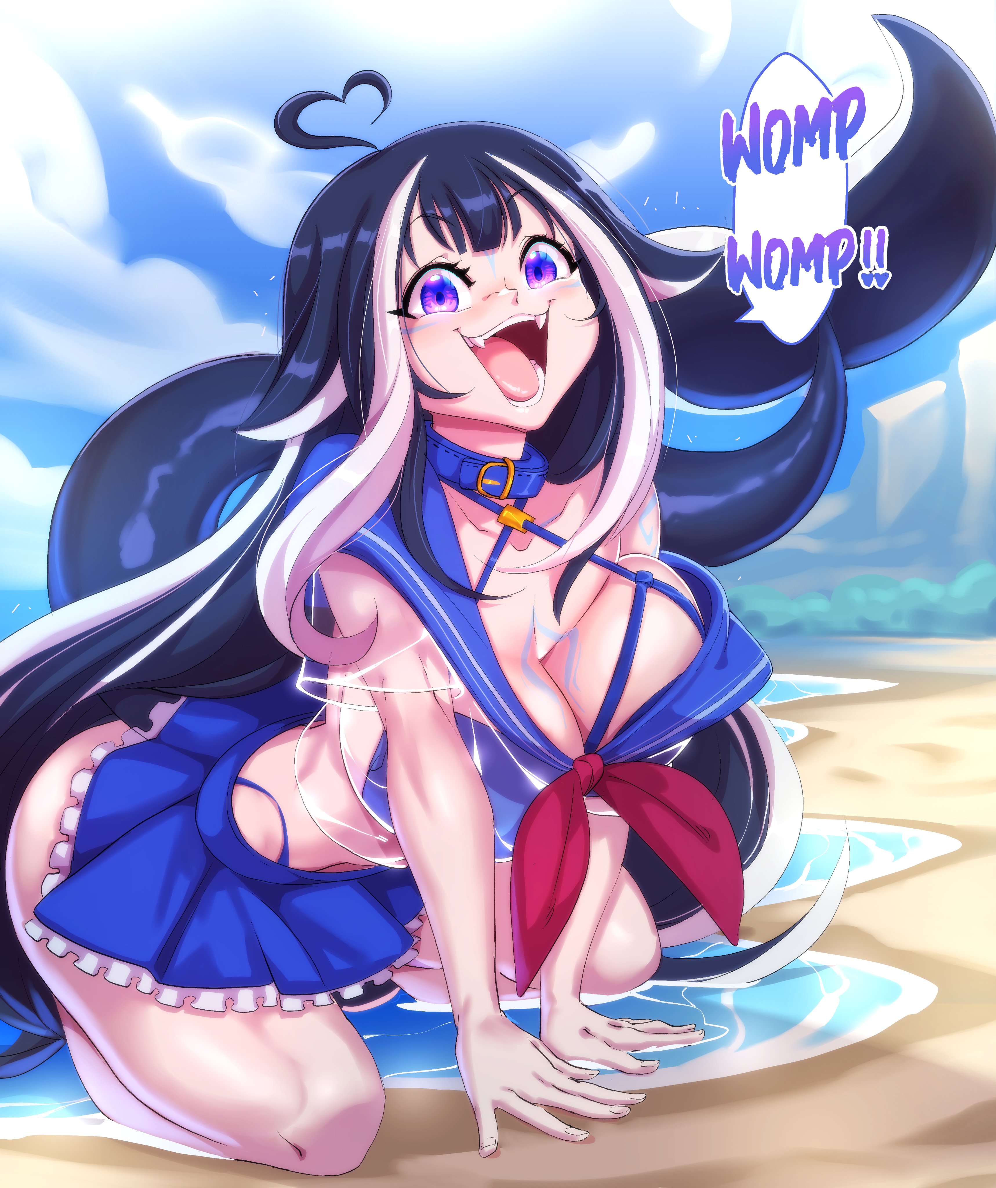 ahoge, animal ears, ass, beach, big ass, bikini, black hair, blue eyes, breasts, cat ears, cleavage, fangs, female, huge breasts, indie virtual youtuber, kneeling, long hair, miniskirt, nisego, open mouth, outdoors, school uniform, see-through, shylily, skirt, smile, swimsuit, tail, text, very long hair, virtual youtuber, wet clothes, whale tail, white hair